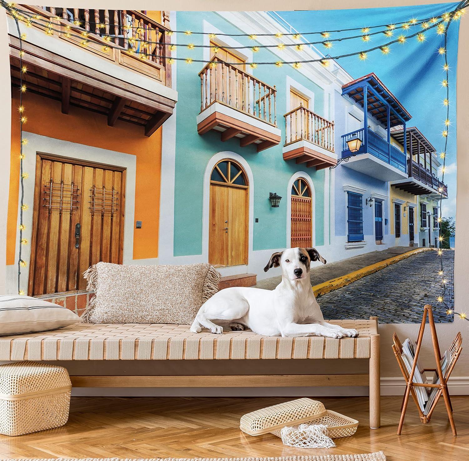 imageAmbesonne Puerto Rico Tapestry Street in Old San Juan with Colorful Houses by The Sea Caribbean Architecture Wide Wall Hanging for Bedroom Living Room Dorm 60 X 40 Turquoise