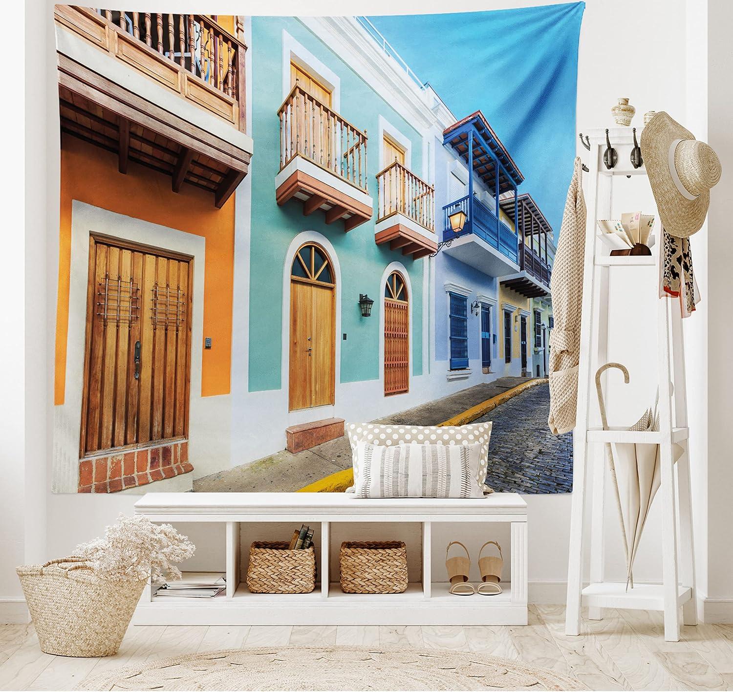 imageAmbesonne Puerto Rico Tapestry Street in Old San Juan with Colorful Houses by The Sea Caribbean Architecture Wide Wall Hanging for Bedroom Living Room Dorm 60 X 40 Turquoise