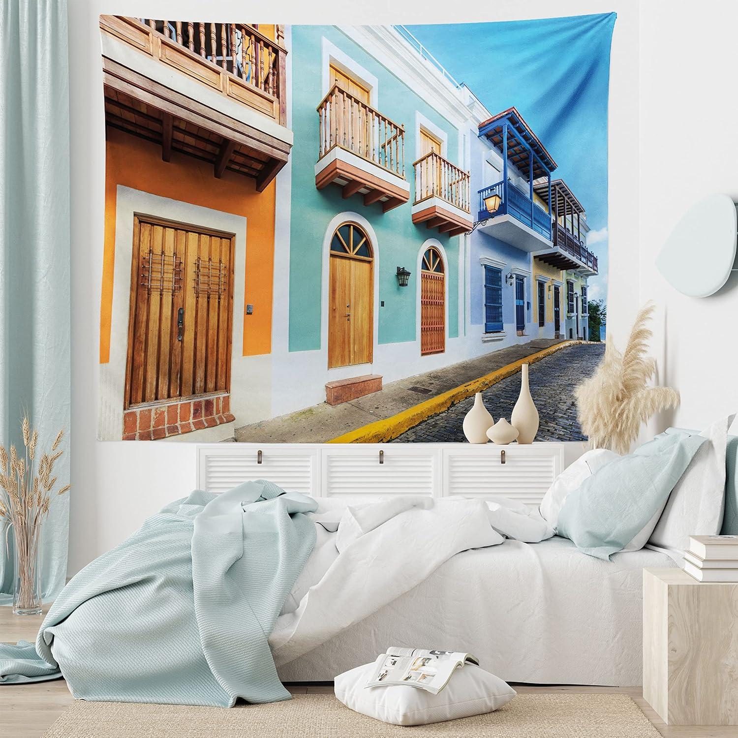 imageAmbesonne Puerto Rico Tapestry Street in Old San Juan with Colorful Houses by The Sea Caribbean Architecture Wide Wall Hanging for Bedroom Living Room Dorm 60 X 40 Turquoise
