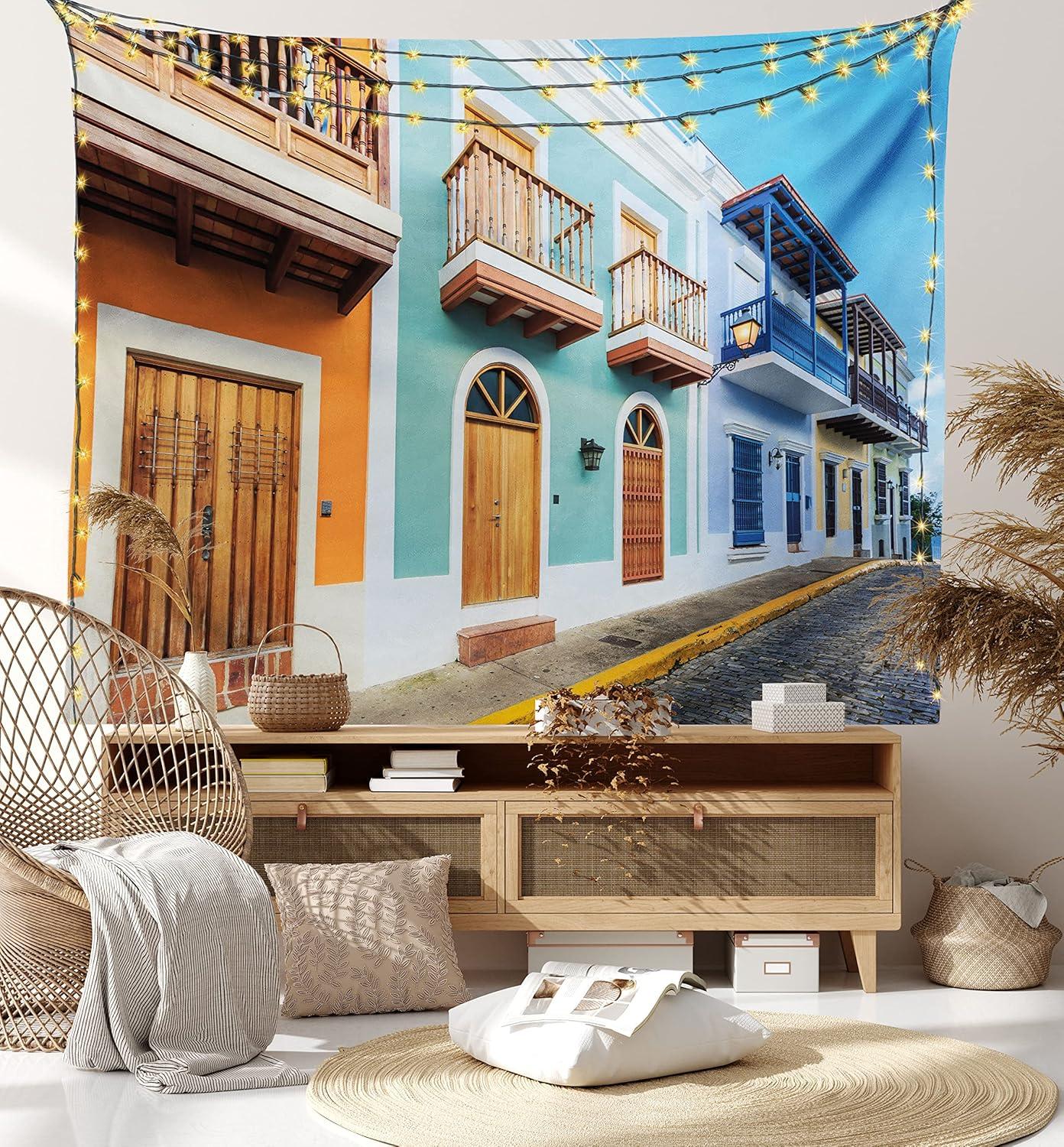 imageAmbesonne Puerto Rico Tapestry Street in Old San Juan with Colorful Houses by The Sea Caribbean Architecture Wide Wall Hanging for Bedroom Living Room Dorm 60 X 40 Turquoise