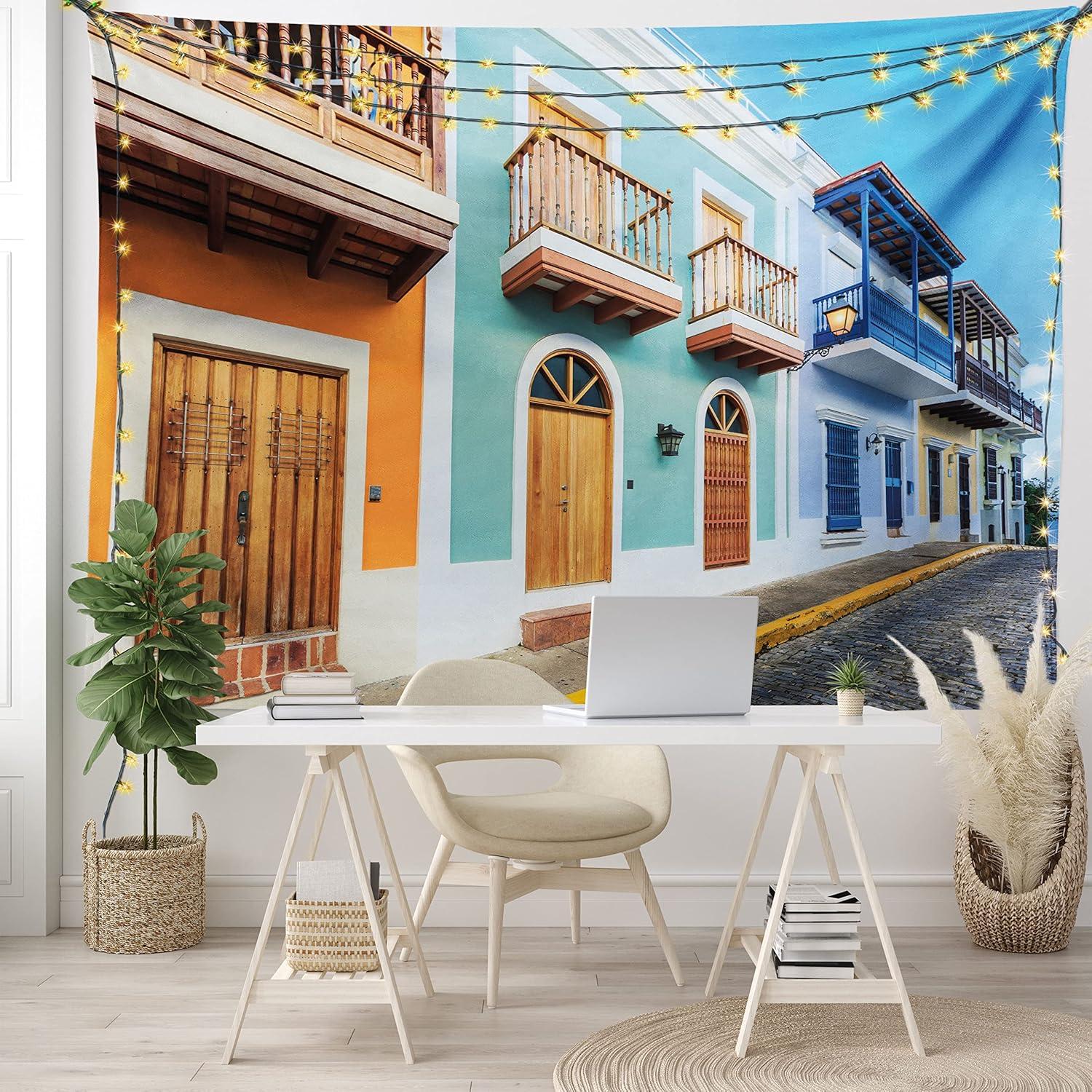 imageAmbesonne Puerto Rico Tapestry Street in Old San Juan with Colorful Houses by The Sea Caribbean Architecture Wide Wall Hanging for Bedroom Living Room Dorm 60 X 40 Turquoise