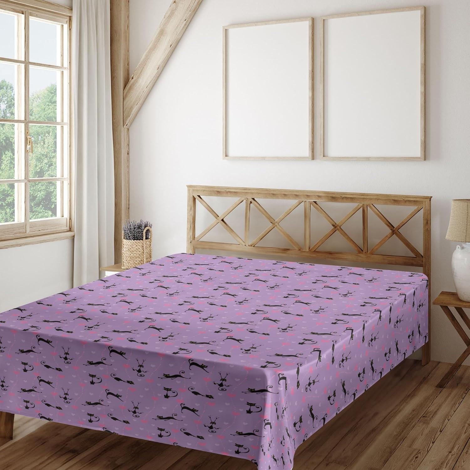 imageAmbesonne Purple Flat Sheet Unlucky Black Cat with Heart Filled Backdrop Valentines Day Animal Fun Soft Comfortable Top Sheet Decorative Bedding 1 Piece Queen Size Lavender Pink BlackKing