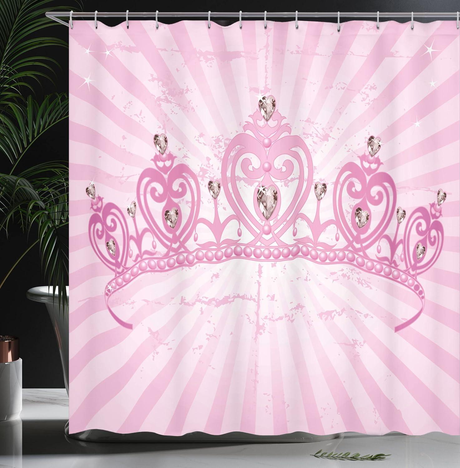 imageAmbesonne Queen Shower Curtain Theme Pink Heart Shaped Cartoon Crown on Radial Backdrop Romantic Cloth Fabric Bathroom Decor Set with Hooks 69 W x 70 L Pink Pale Pink