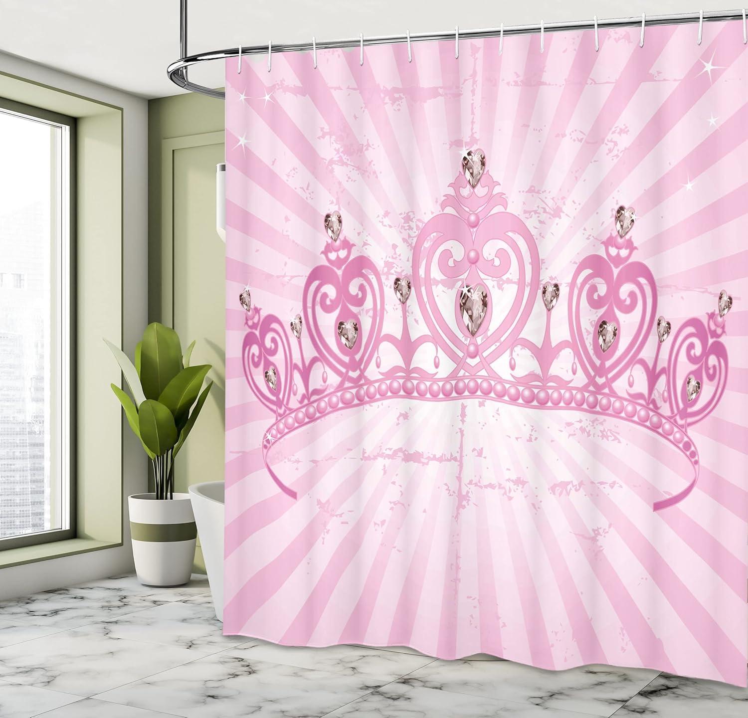 imageAmbesonne Queen Shower Curtain Theme Pink Heart Shaped Cartoon Crown on Radial Backdrop Romantic Cloth Fabric Bathroom Decor Set with Hooks 69 W x 70 L Pink Pale Pink