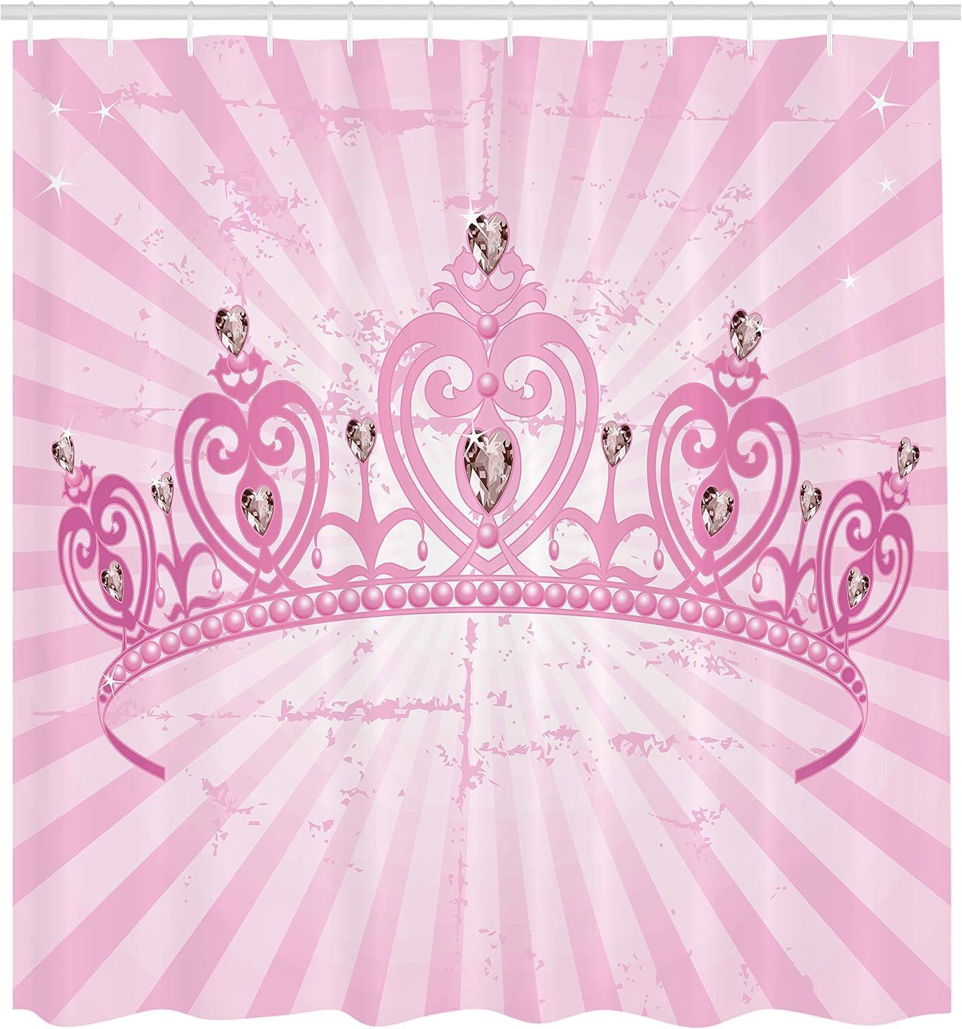 imageAmbesonne Queen Shower Curtain Theme Pink Heart Shaped Cartoon Crown on Radial Backdrop Romantic Cloth Fabric Bathroom Decor Set with Hooks 69 W x 70 L Pink Pale Pink