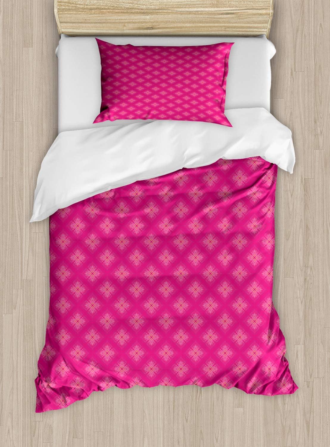 imageAmbesonne Romantic Duvet Cover Sets Geometric Horizontal Oval Rows Drawn Along Little Hearts Valentines Bedding Set with 2 Duvet Covers amp 4 Pillowcases 2 Pack King Size Almond Green and WhiteHot Pink