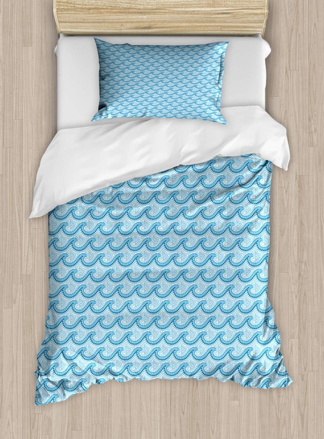 imageAmbesonne Romantic Duvet Cover Sets Geometric Horizontal Oval Rows Drawn Along Little Hearts Valentines Bedding Set with 2 Duvet Covers amp 4 Pillowcases 2 Pack King Size Almond Green and WhitePale Azure Blue