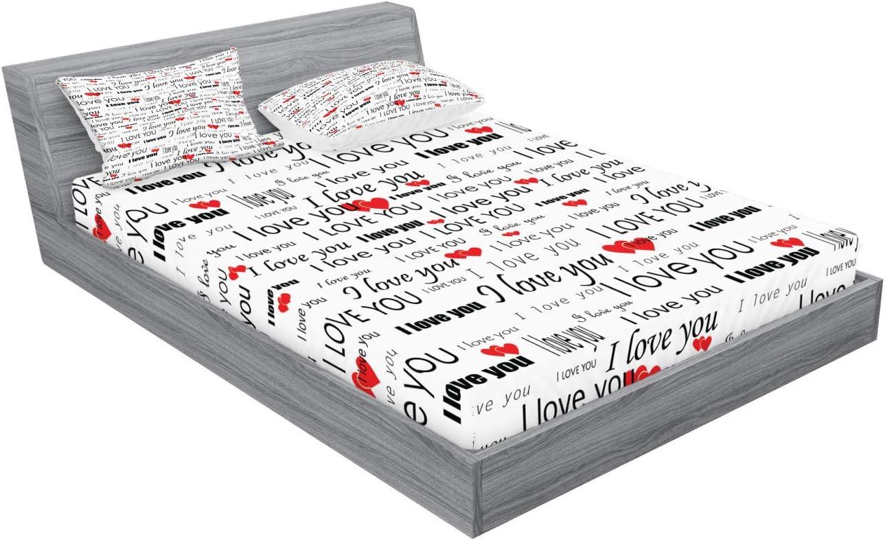 imageAmbesonne Romantic Fitted Sheet amp Pillow Sham Set I Love You Words Hearts Romance Couple Valentine Plain Backdrop Decorative Printed 3 Piece Bedding Decor Set King Vermilion White