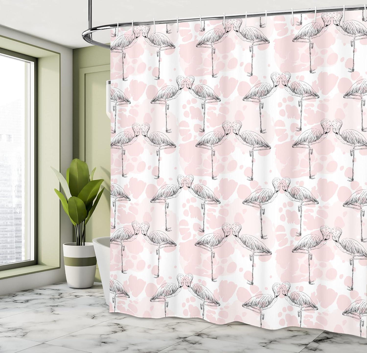 imageAmbesonne Romantic Shower Curtain Flamingos Shaping Hearts Heads Love Animal Valentines Illustration Cloth Fabric Bathroom Decor Set with Hooks 69 W x 70 L Pale Pink Grey