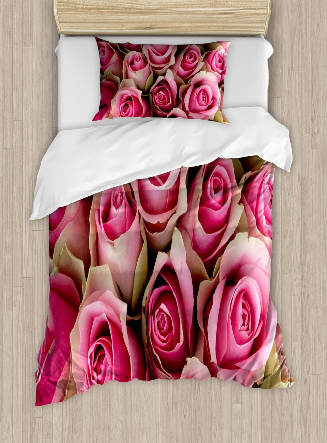 imageAmbesonne Rose Duvet Cover Sets Blooming Fresh Pink Roses Bridal Bouquet Romance Sweetheart Valentine Bedding Set with 2 Duvet Covers 4 Pillowcases 2 Pack Cal King Size Pink Pale Green
