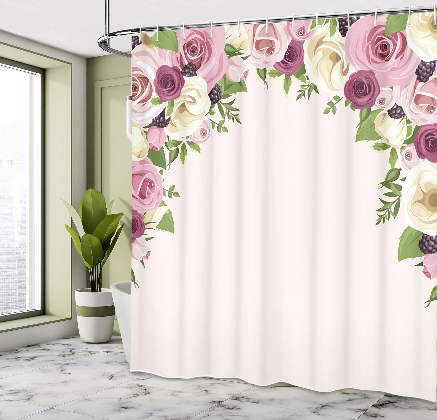 imageAmbesonne Rose Shower Curtain Romantic Lisianthus Berries as an Arch Marriage Wedding and Gatherings Design in Soft Pastel Colors Cloth Fabric Bathroom Set with Hooks 69 W x 75 L Purple CreamPurple Cream