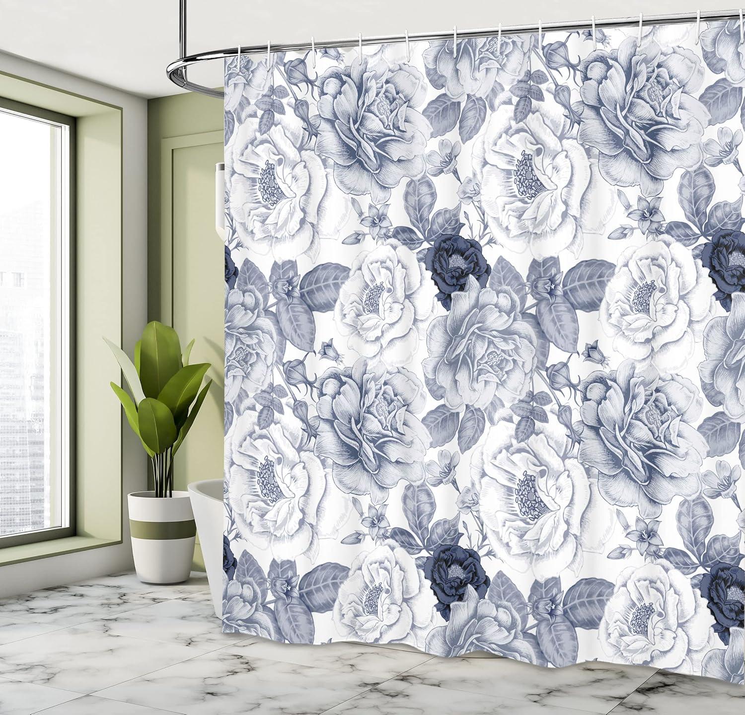 imageAmbesonne Shabby Flora Shower Curtain Garden Spring Roses Buds with Leaves Flowers Romantic Image Art Cloth Fabric Bathroom Decor Set with Hooks 69 W x 84 L Blue Grey and White