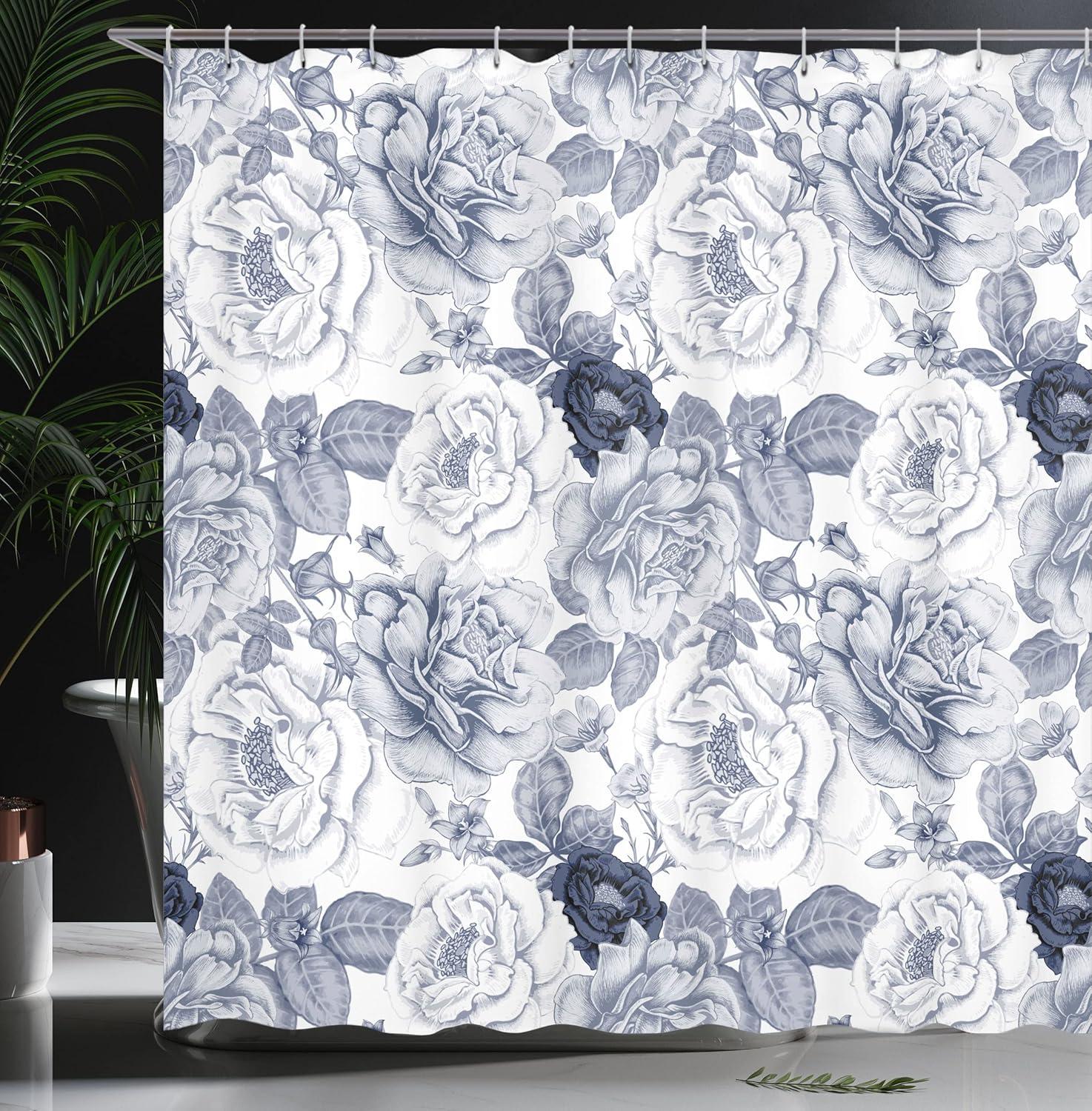 imageAmbesonne Shabby Flora Shower Curtain Garden Spring Roses Buds with Leaves Flowers Romantic Image Art Cloth Fabric Bathroom Decor Set with Hooks 69 W x 84 L Blue Grey and White
