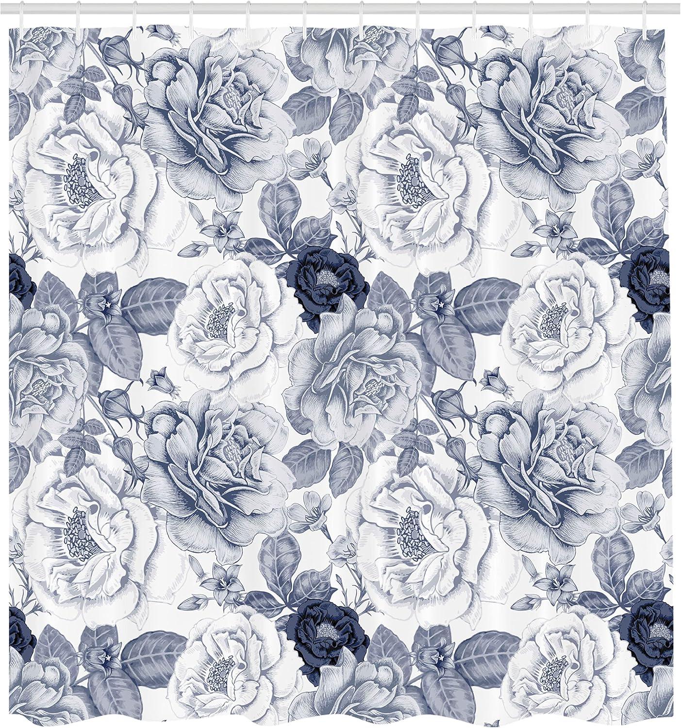 imageAmbesonne Shabby Flora Shower Curtain Garden Spring Roses Buds with Leaves Flowers Romantic Image Art Cloth Fabric Bathroom Decor Set with Hooks 69 W x 84 L Blue Grey and White