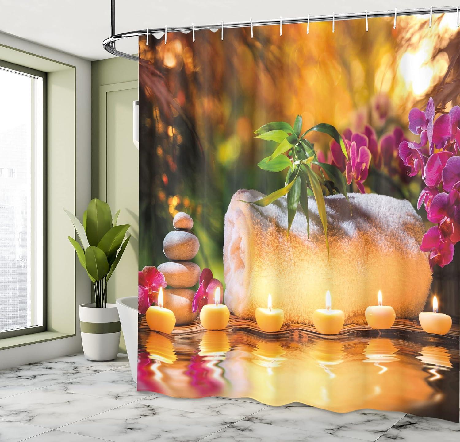 imageAmbesonne Spa Shower Curtain Classic Relaxing Day Joy in The Garden Romantic Candles and Orchids Cloth Fabric Bathroom Decor Set with Hooks 69 W x 75 L Purple White and Green