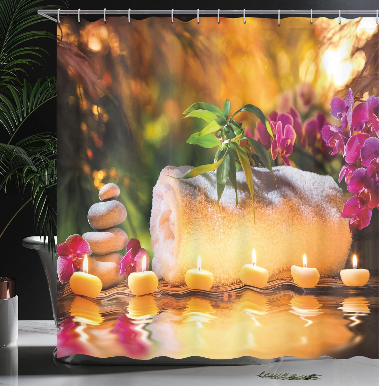 imageAmbesonne Spa Shower Curtain Classic Relaxing Day Joy in The Garden Romantic Candles and Orchids Cloth Fabric Bathroom Decor Set with Hooks 69 W x 75 L Purple White and Green