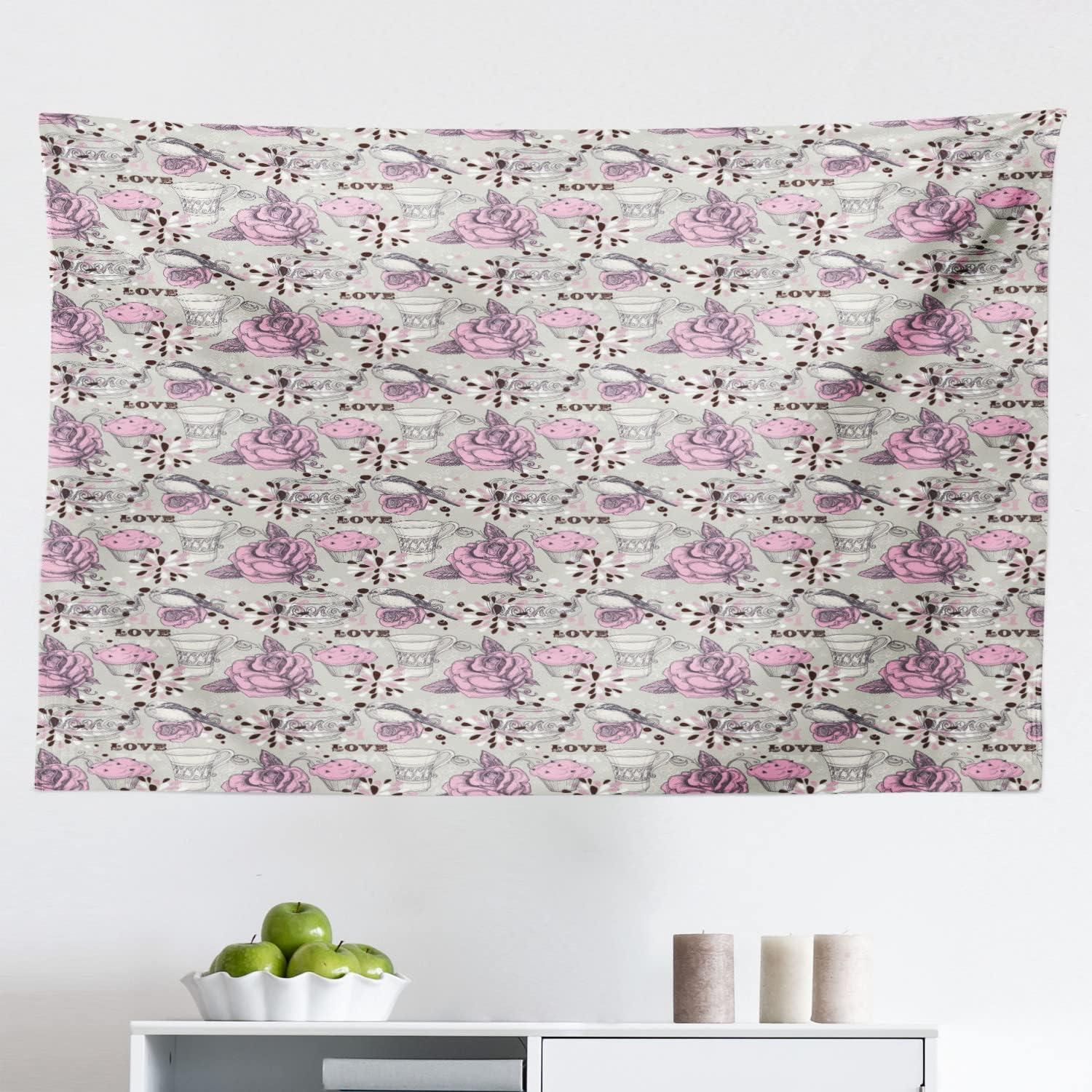 imageAmbesonne Tea Party Tapestry Ornate Teacup and Pot with Romantic Roses Birds Valentines Day Themed Image Fabric Wall Hanging Decor for Bedroom Living Room Dorm 28 X 23 Pale Pink DustPale Pink Dust