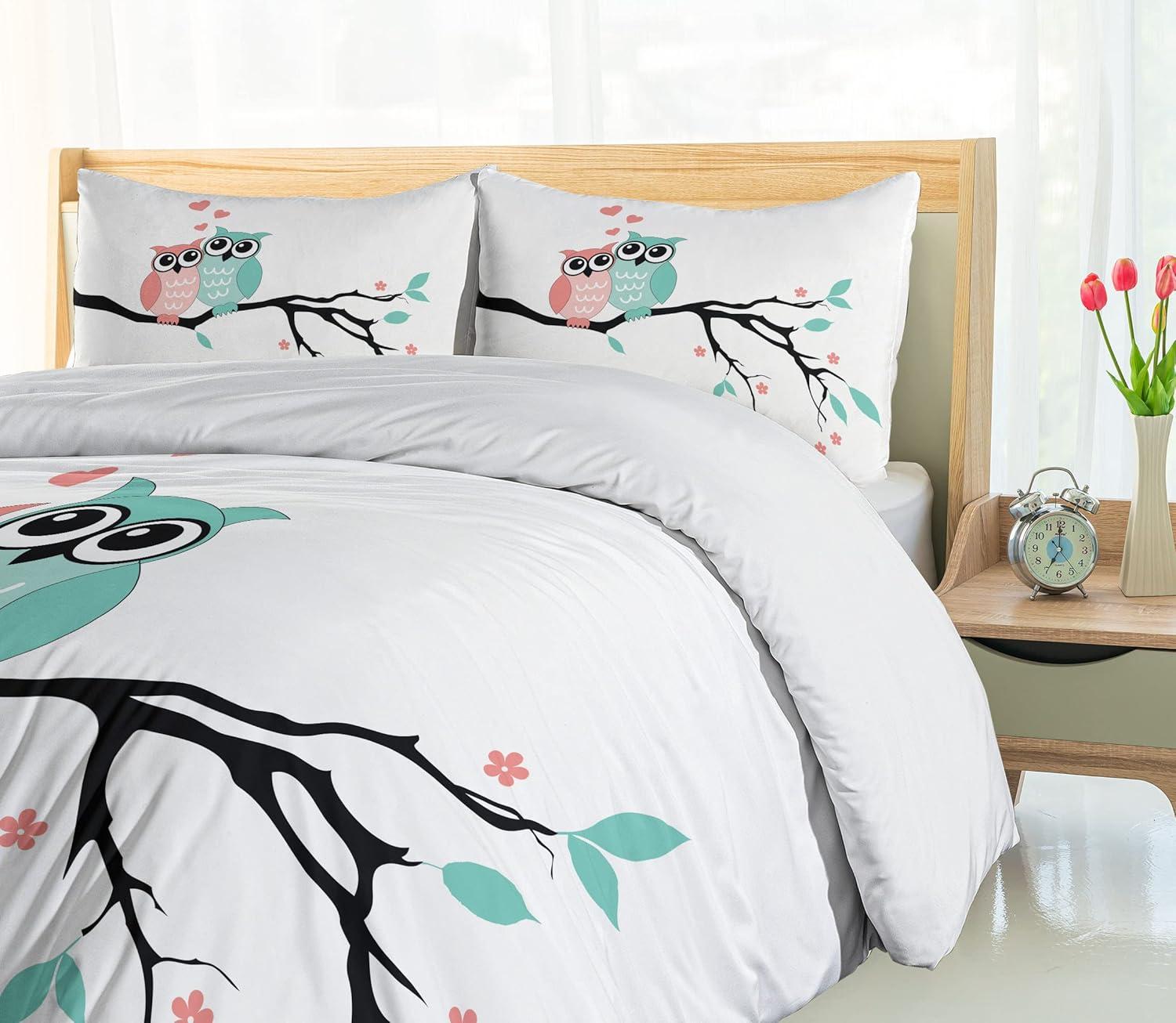 imageAmbesonne Teal and White Duvet Cover Set Owl Couple Sitting on Tree Branch Valentines Romance Love Decorative 2 Piece Bedding Set with 1 Pillow Sham Twin Size Turquoise Coral Black