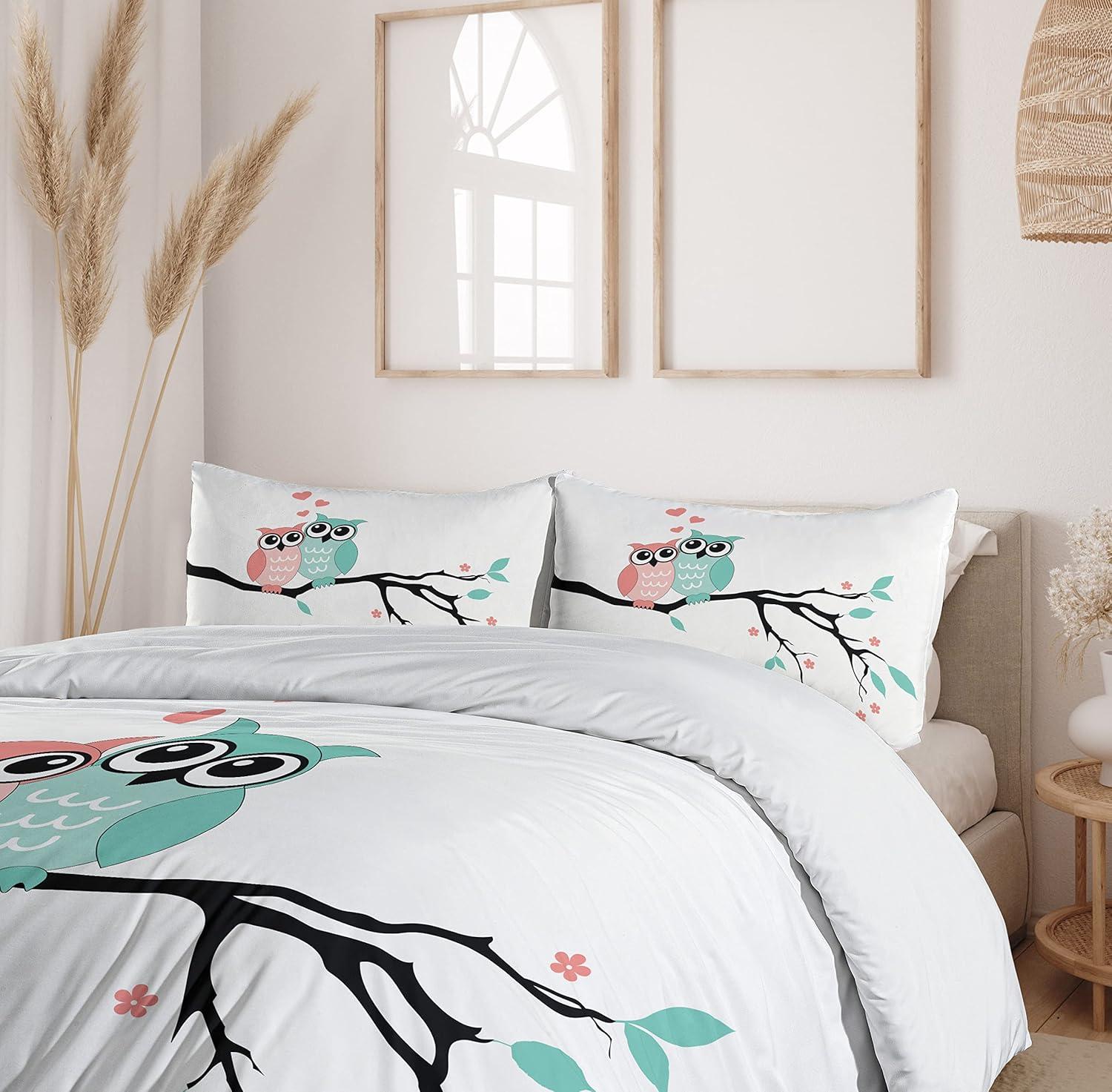 imageAmbesonne Teal and White Duvet Cover Set Owl Couple Sitting on Tree Branch Valentines Romance Love Decorative 2 Piece Bedding Set with 1 Pillow Sham Twin Size Turquoise Coral Black