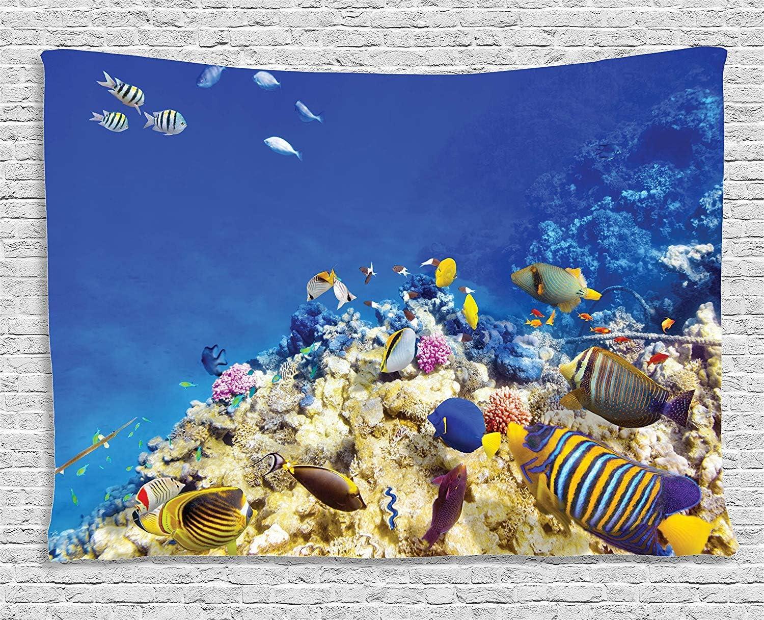 imageAmbesonne Turtle Tapestry Coral Reef and Sea Turtle Close up Photo Bonaire Island Waters Maritime Wide Wall Hanging for Bedroom Living Room Dorm 60 X 40 Pale Coffee Brown BlueBlue Beige