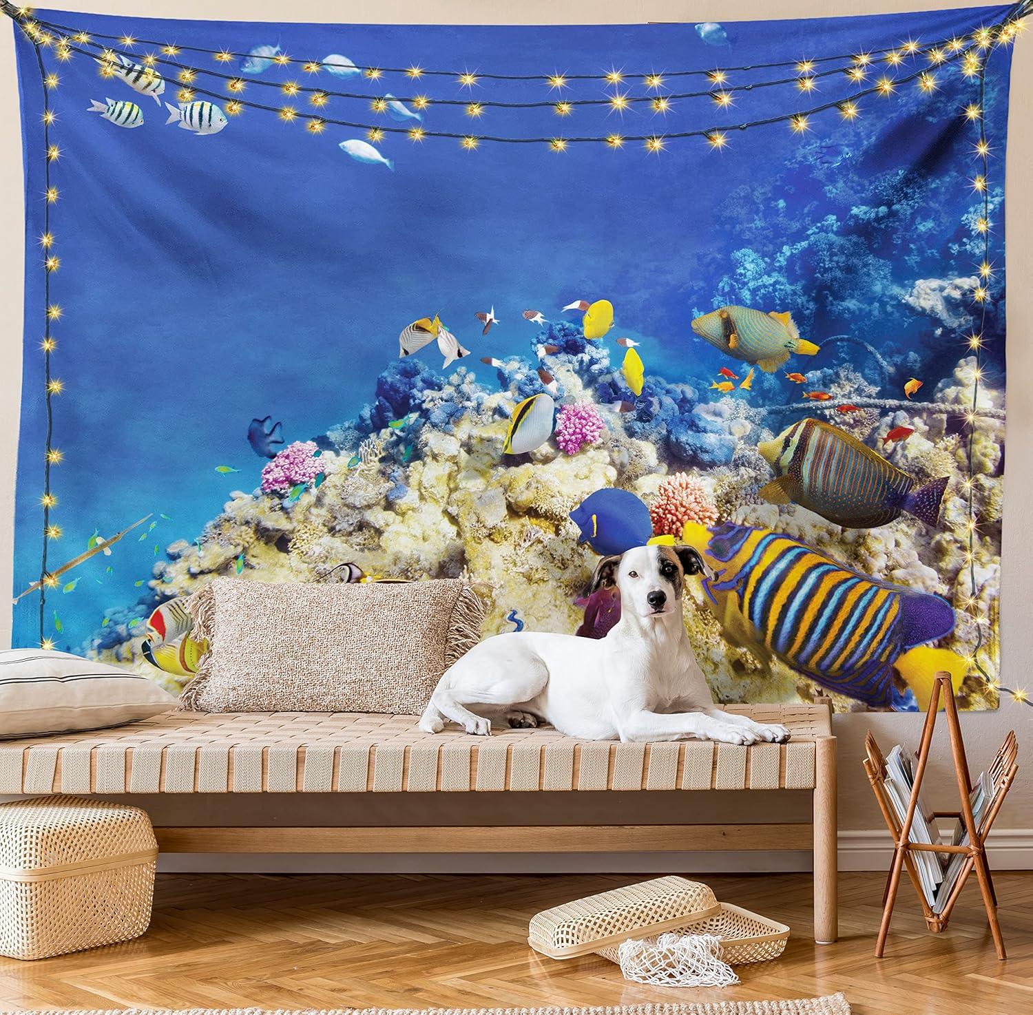 imageAmbesonne Turtle Tapestry Coral Reef and Sea Turtle Close up Photo Bonaire Island Waters Maritime Wide Wall Hanging for Bedroom Living Room Dorm 60 X 40 Pale Coffee Brown BlueBlue Beige