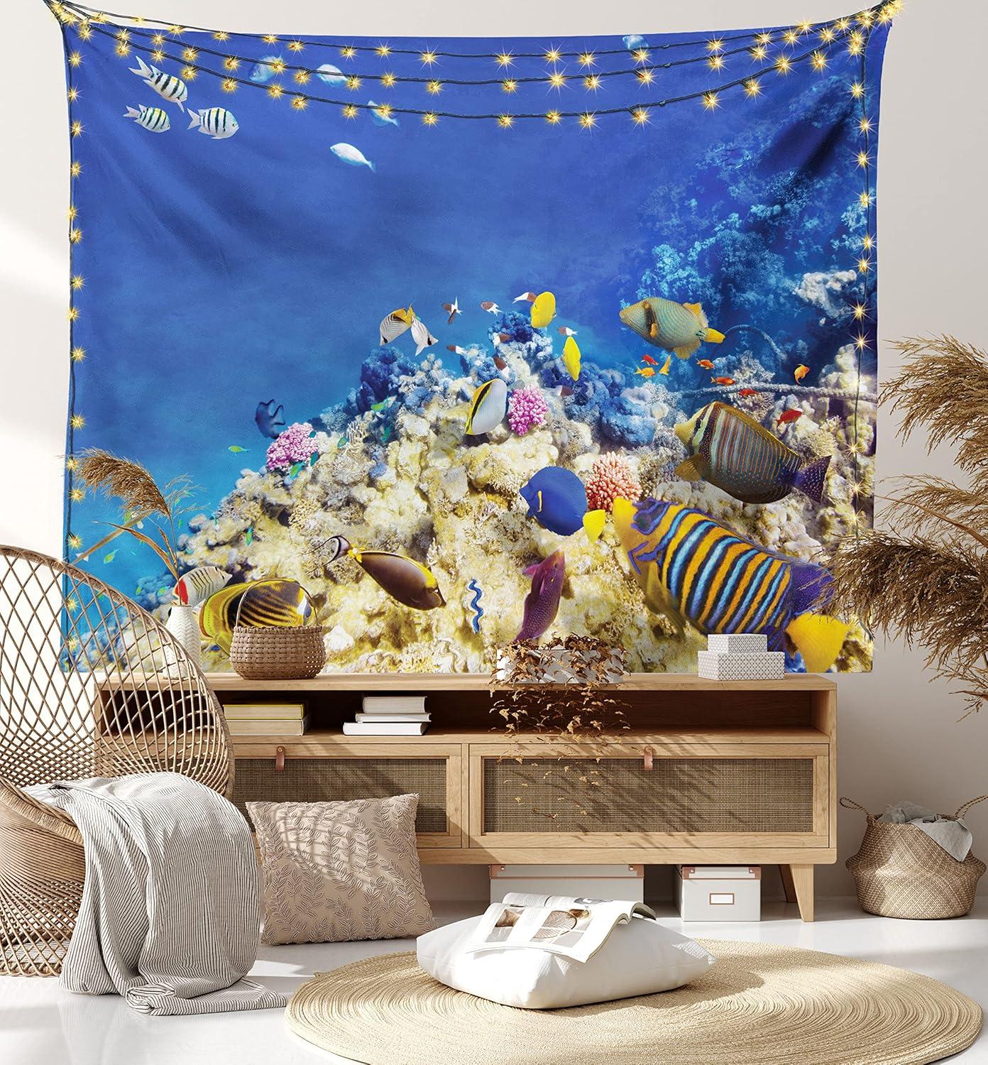 imageAmbesonne Turtle Tapestry Coral Reef and Sea Turtle Close up Photo Bonaire Island Waters Maritime Wide Wall Hanging for Bedroom Living Room Dorm 60 X 40 Pale Coffee Brown BlueBlue Beige