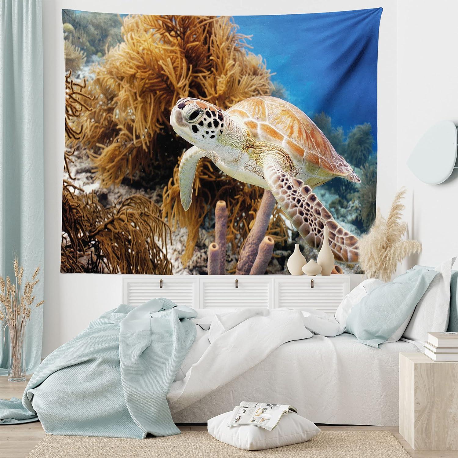 imageAmbesonne Turtle Tapestry Coral Reef and Sea Turtle Close up Photo Bonaire Island Waters Maritime Wide Wall Hanging for Bedroom Living Room Dorm 60 X 40 Pale Coffee Brown BlueCoffee Brown