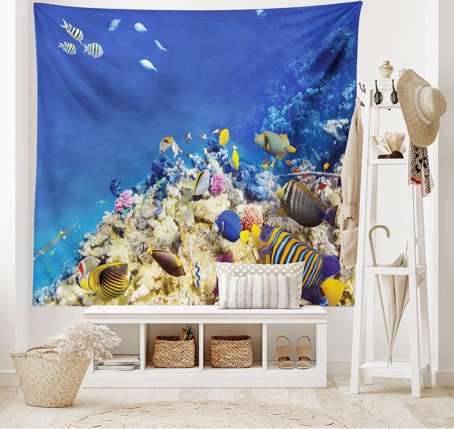imageAmbesonne Turtle Tapestry Coral Reef and Sea Turtle Close up Photo Bonaire Island Waters Maritime Wide Wall Hanging for Bedroom Living Room Dorm 60 X 40 Pale Coffee Brown BlueBlue Beige