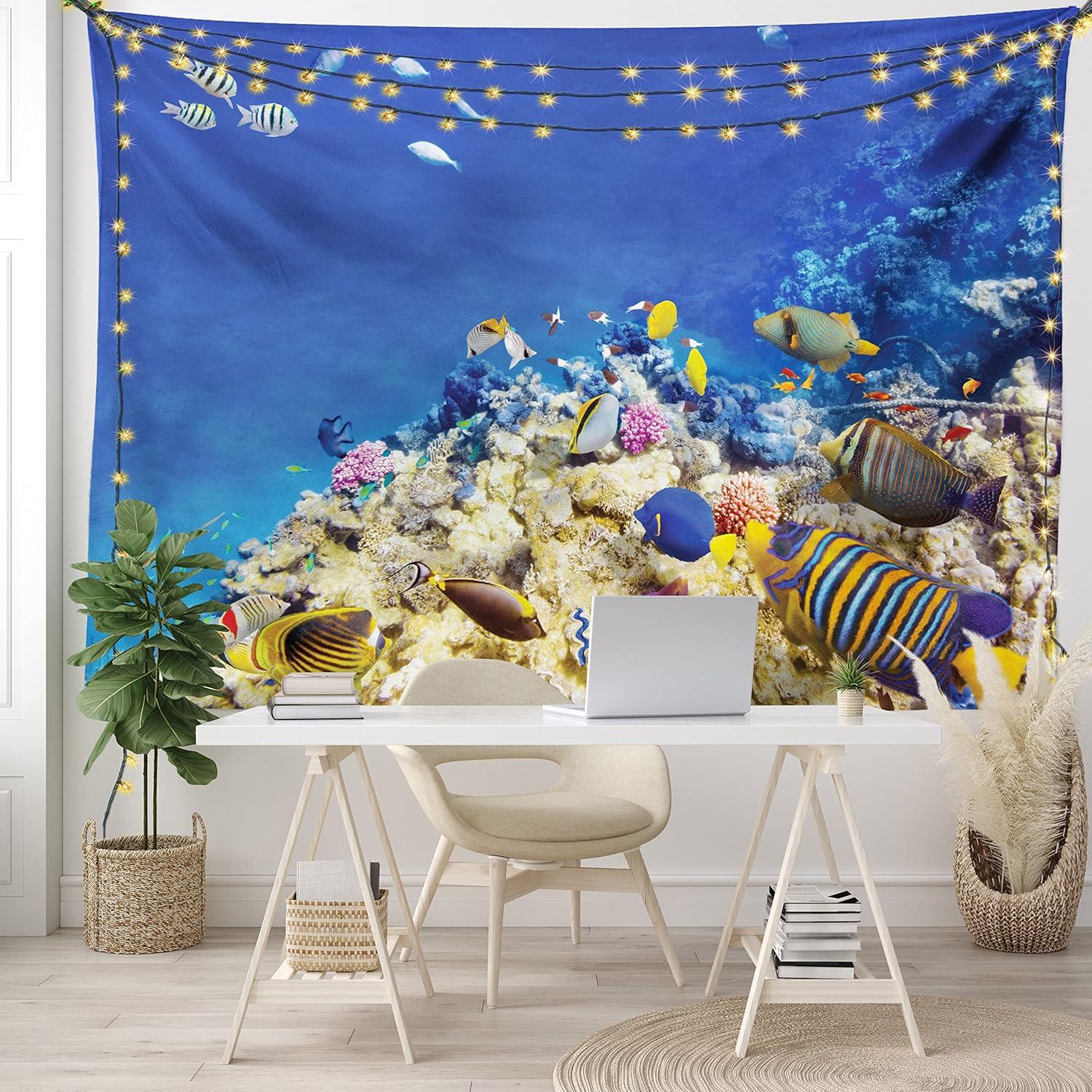 imageAmbesonne Turtle Tapestry Coral Reef and Sea Turtle Close up Photo Bonaire Island Waters Maritime Wide Wall Hanging for Bedroom Living Room Dorm 60 X 40 Pale Coffee Brown BlueBlue Beige