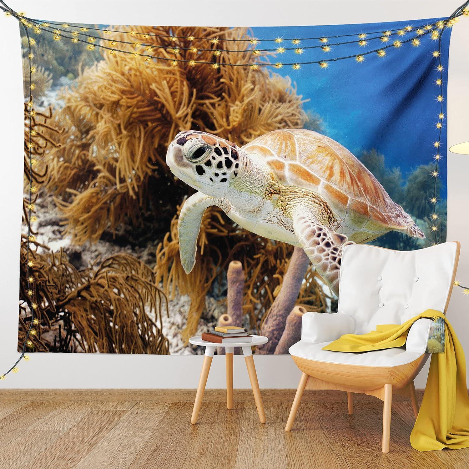 imageAmbesonne Turtle Tapestry Coral Reef and Sea Turtle Close up Photo Bonaire Island Waters Maritime Wide Wall Hanging for Bedroom Living Room Dorm 60 X 40 Pale Coffee Brown BluePale Coffee Brown Blue