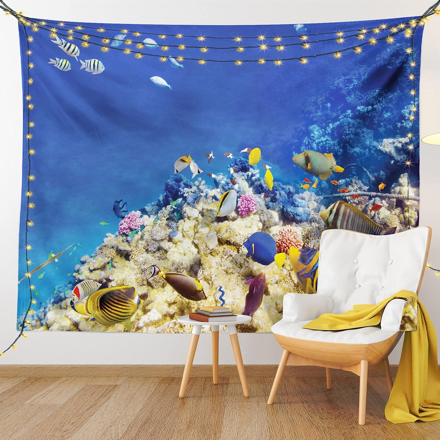 imageAmbesonne Turtle Tapestry Coral Reef and Sea Turtle Close up Photo Bonaire Island Waters Maritime Wide Wall Hanging for Bedroom Living Room Dorm 60 X 40 Pale Coffee Brown BlueBlue Beige