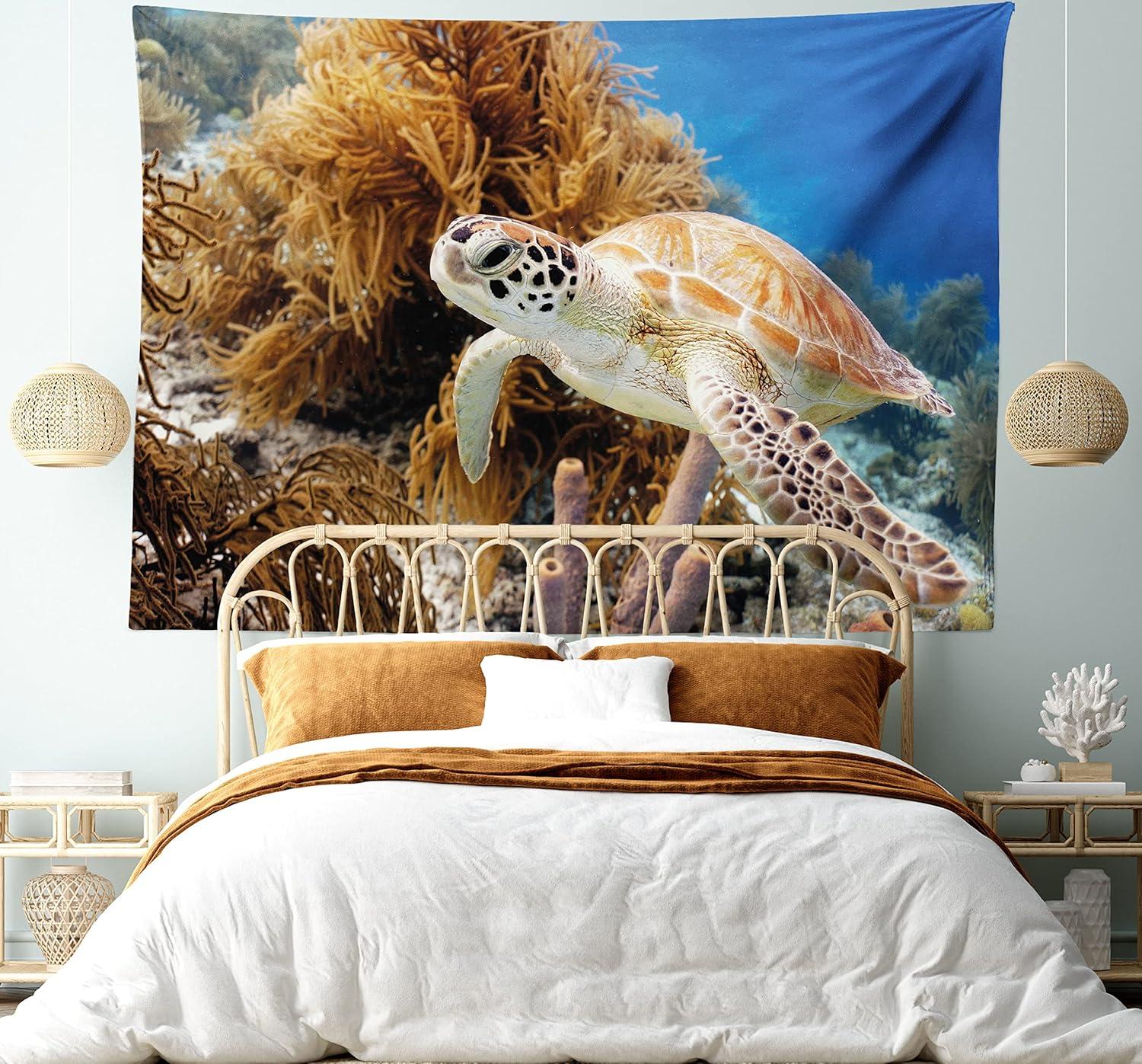 imageAmbesonne Turtle Tapestry Coral Reef and Sea Turtle Close up Photo Bonaire Island Waters Maritime Wide Wall Hanging for Bedroom Living Room Dorm 60 X 40 Pale Coffee Brown BluePale Coffee Brown Blue