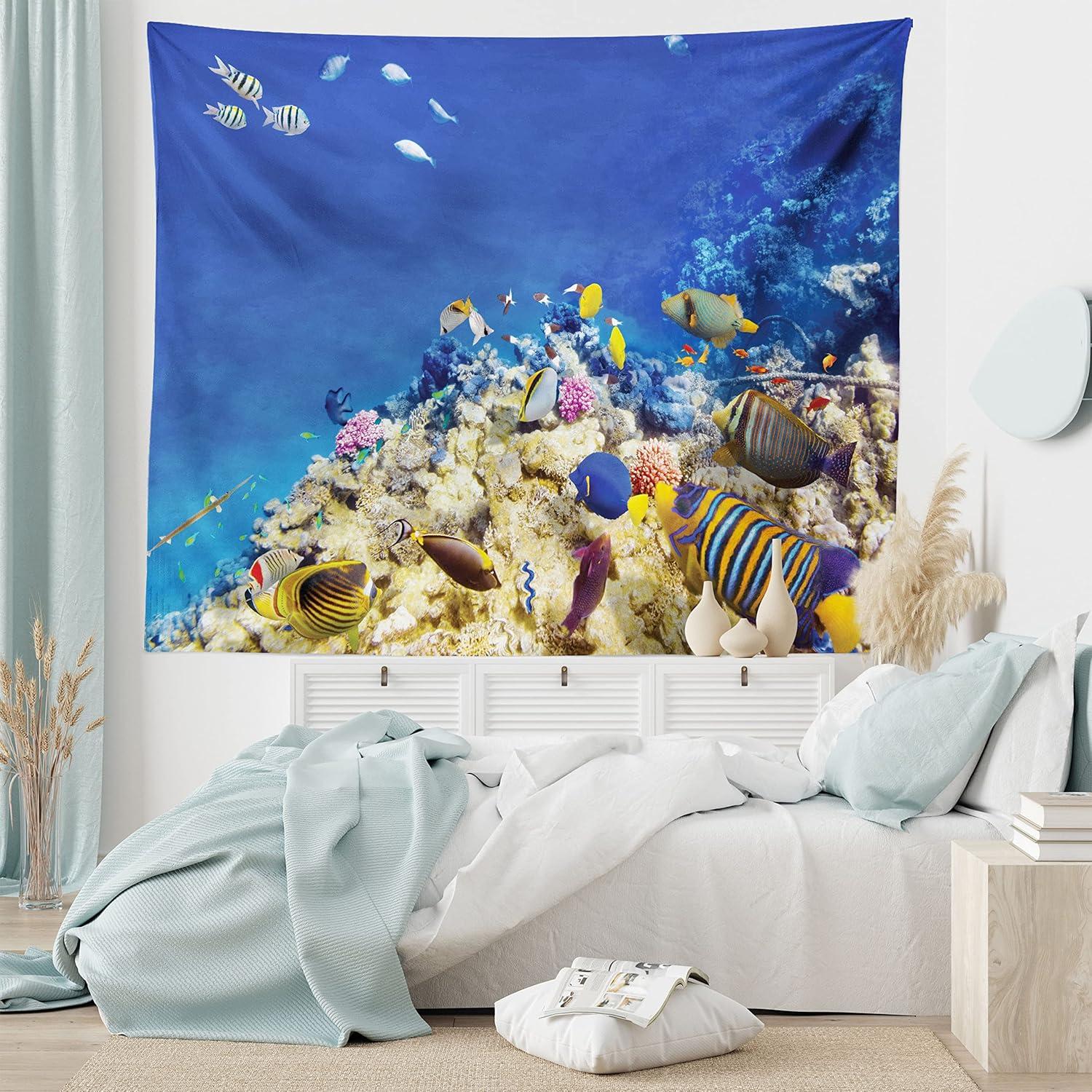 imageAmbesonne Turtle Tapestry Coral Reef and Sea Turtle Close up Photo Bonaire Island Waters Maritime Wide Wall Hanging for Bedroom Living Room Dorm 60 X 40 Pale Coffee Brown BlueBlue Beige