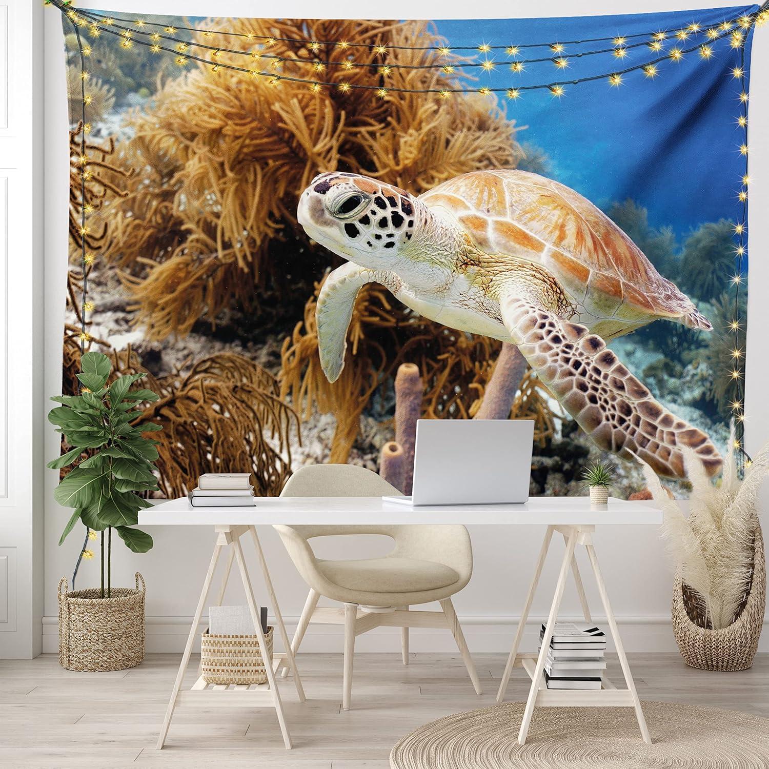 imageAmbesonne Turtle Tapestry Coral Reef and Sea Turtle Close up Photo Bonaire Island Waters Maritime Wide Wall Hanging for Bedroom Living Room Dorm 60 X 40 Pale Coffee Brown BluePale Coffee Brown Blue