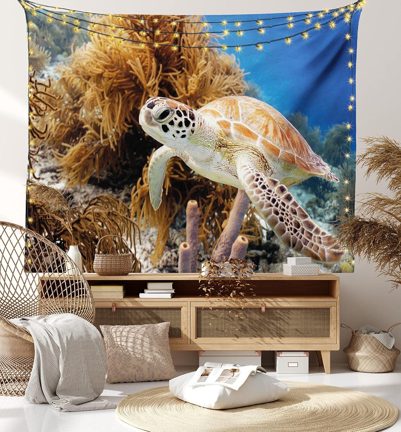 imageAmbesonne Turtle Tapestry Coral Reef and Sea Turtle Close up Photo Bonaire Island Waters Maritime Wide Wall Hanging for Bedroom Living Room Dorm 60 X 40 Pale Coffee Brown BlueCoffee Brown