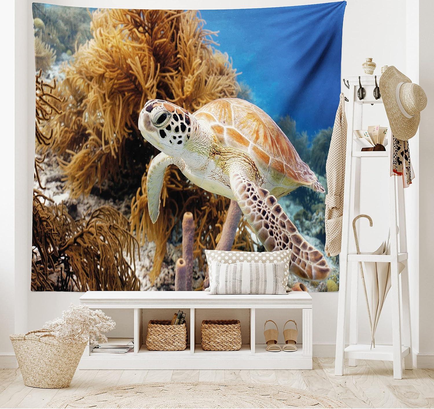 imageAmbesonne Turtle Tapestry Coral Reef and Sea Turtle Close up Photo Bonaire Island Waters Maritime Wide Wall Hanging for Bedroom Living Room Dorm 60 X 40 Pale Coffee Brown BluePale Coffee Brown Blue