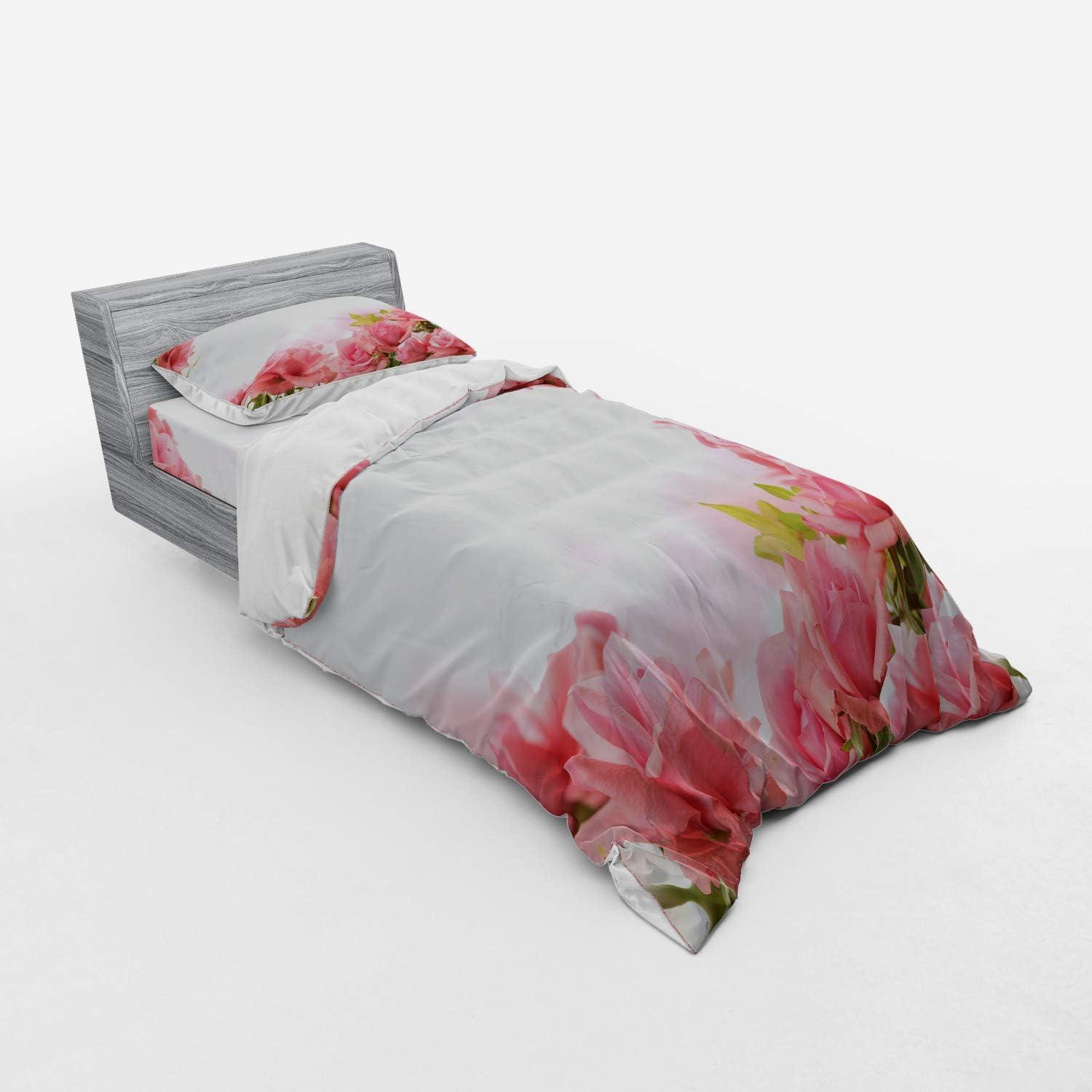 imageAmbesonne Valentine Bedding Set Framework with Romantic Roses with Leaves Bridal Wedding Marriage Corsage 4 Piece Duvet Cover Set with Shams and Fitted Sheet California King Pink Coral GreenPink Coral Green
