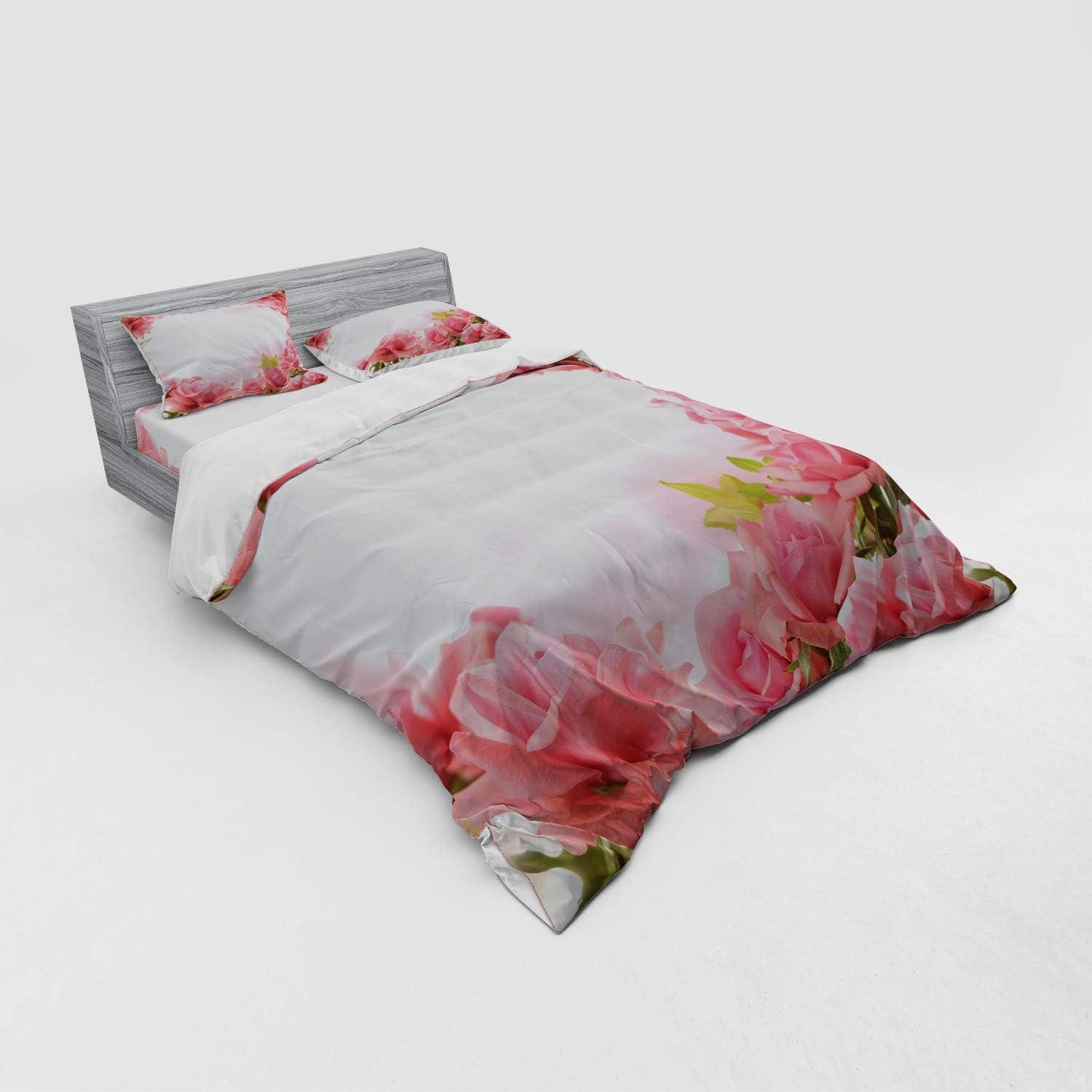 imageAmbesonne Valentine Bedding Set Framework with Romantic Roses with Leaves Bridal Wedding Marriage Corsage 4 Piece Duvet Cover Set with Shams and Fitted Sheet California King Pink Coral GreenPink Coral Green