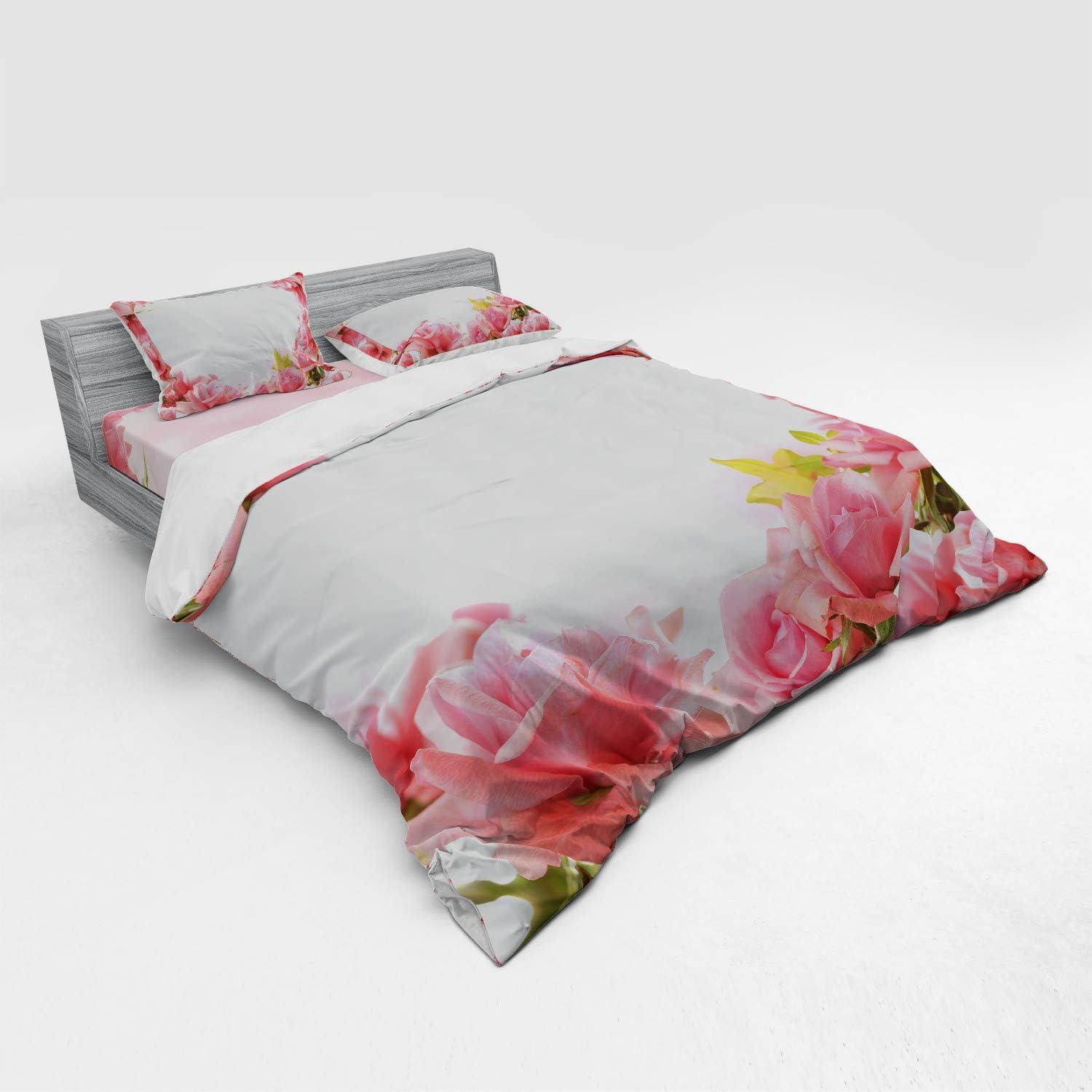 imageAmbesonne Valentine Bedding Set Framework with Romantic Roses with Leaves Bridal Wedding Marriage Corsage 4 Piece Duvet Cover Set with Shams and Fitted Sheet California King Pink Coral GreenPink Coral Green
