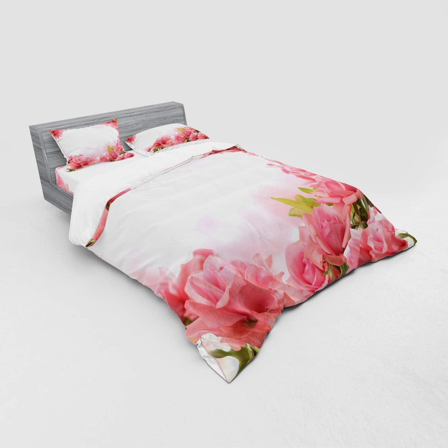 imageAmbesonne Valentine Bedding Set Framework with Romantic Roses with Leaves Bridal Wedding Marriage Corsage 4 Piece Duvet Cover Set with Shams and Fitted Sheet California King Pink Coral GreenPink Coral Green