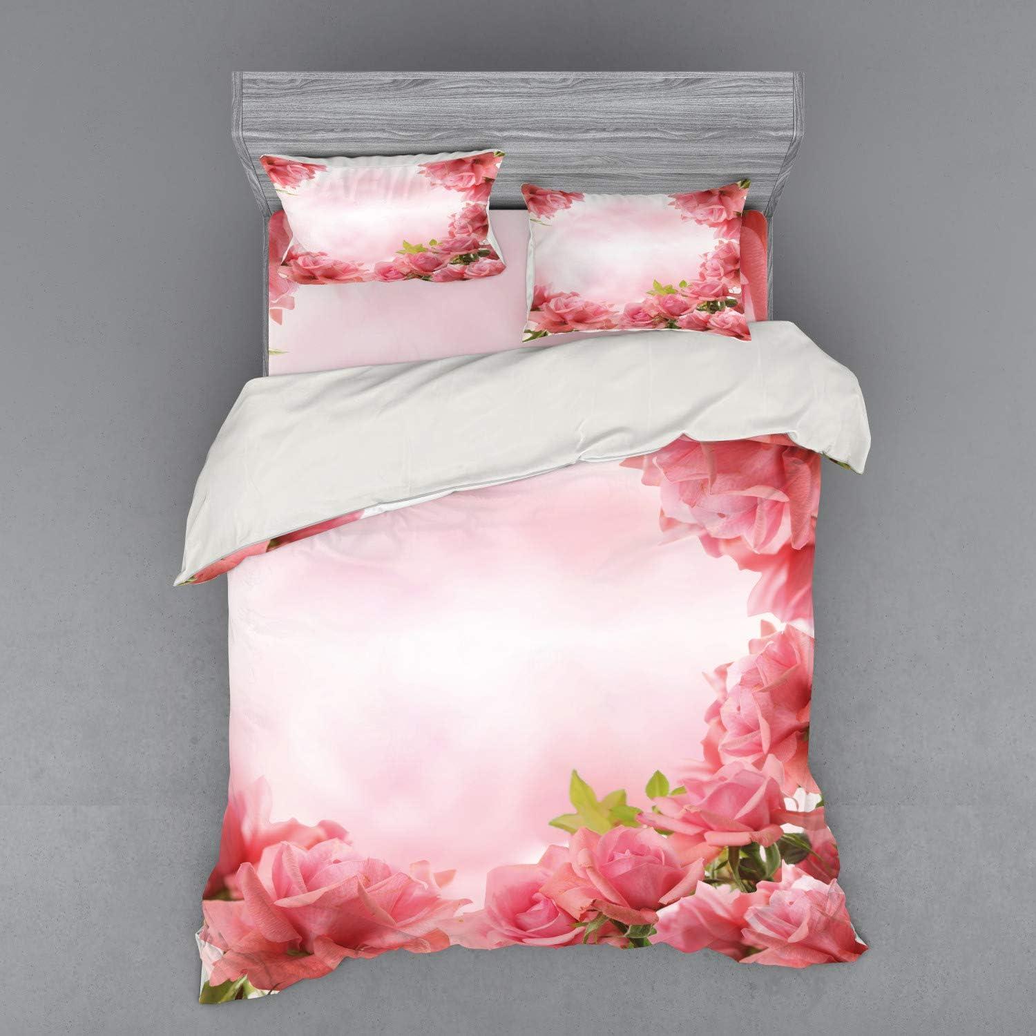 imageAmbesonne Valentine Bedding Set Framework with Romantic Roses with Leaves Bridal Wedding Marriage Corsage 4 Piece Duvet Cover Set with Shams and Fitted Sheet California King Pink Coral GreenPink Coral Green