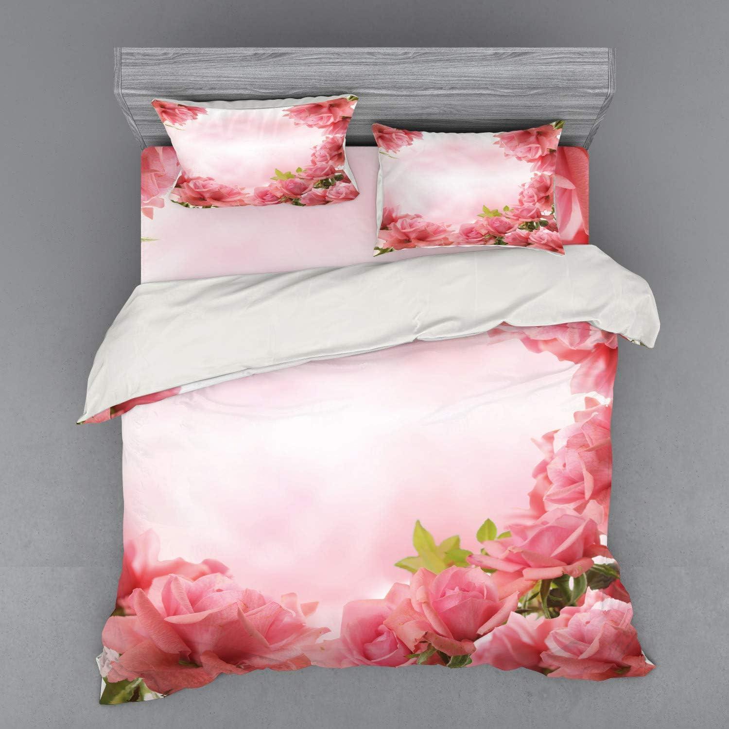 imageAmbesonne Valentine Bedding Set Framework with Romantic Roses with Leaves Bridal Wedding Marriage Corsage 4 Piece Duvet Cover Set with Shams and Fitted Sheet California King Pink Coral GreenPink Coral Green