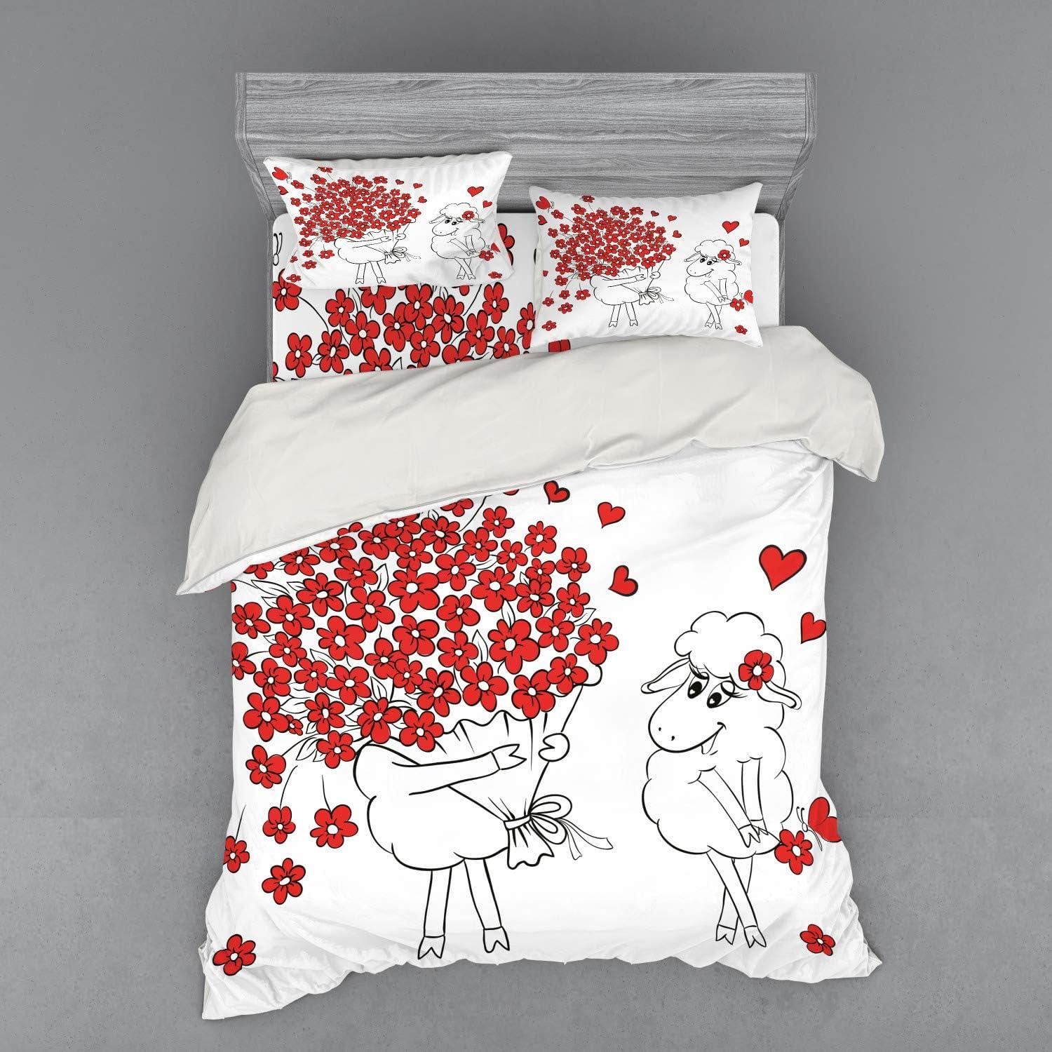 imageAmbesonne Valentine Bedding Set Lover Goats Bunch of Heart Bouquet Valentines Honeymoon Wedding Caricature Graphic 4 Piece Duvet Cover Set with Shams and Fitted Sheet California King Red WhiteRed White