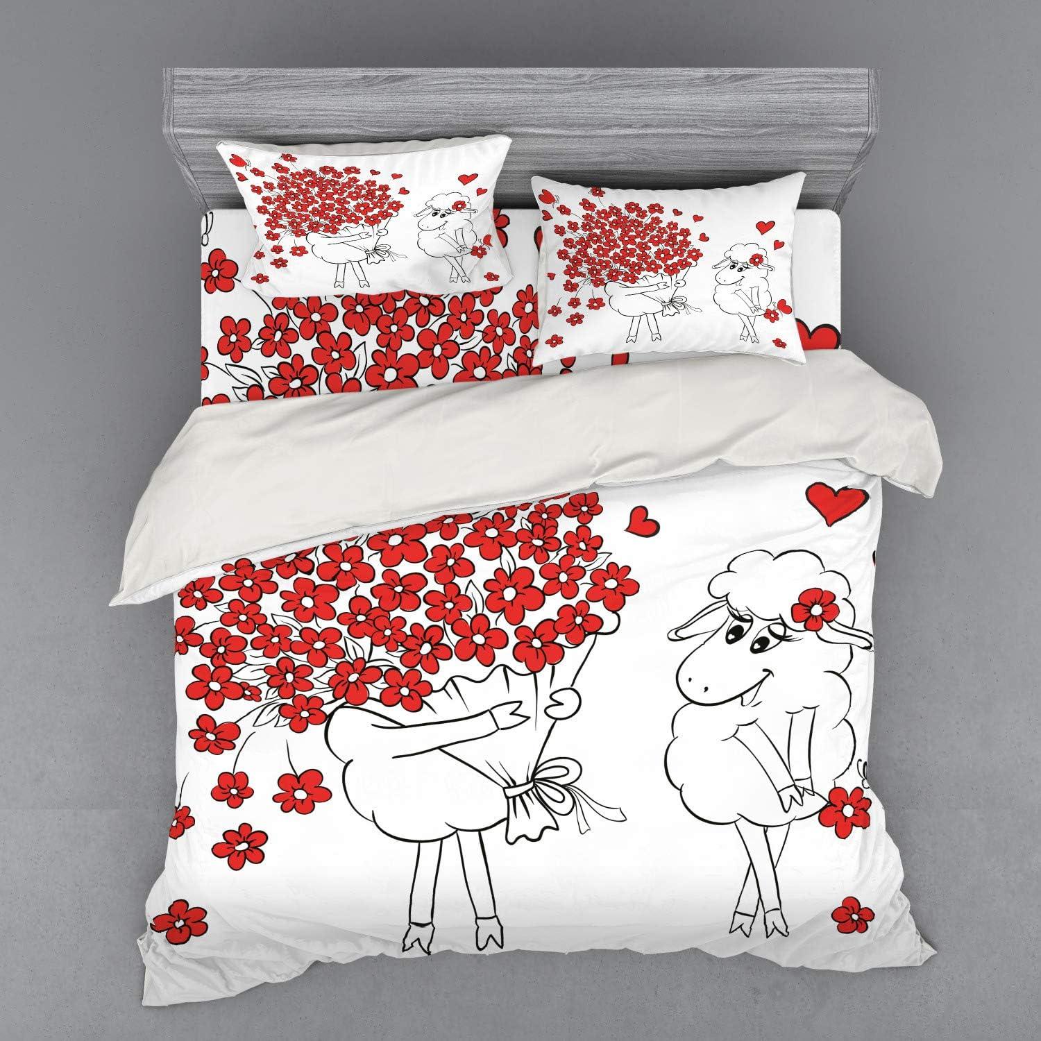 imageAmbesonne Valentine Bedding Set Lover Goats Bunch of Heart Bouquet Valentines Honeymoon Wedding Caricature Graphic 4 Piece Duvet Cover Set with Shams and Fitted Sheet California King Red WhiteRed White