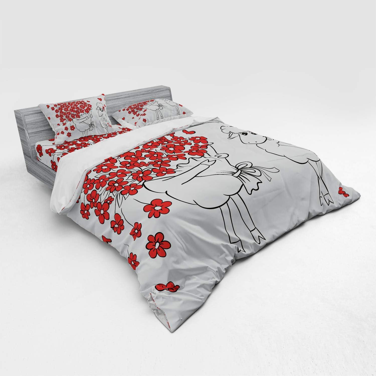 imageAmbesonne Valentine Bedding Set Lover Goats Bunch of Heart Bouquet Valentines Honeymoon Wedding Caricature Graphic 4 Piece Duvet Cover Set with Shams and Fitted Sheet California King Red WhiteRed White