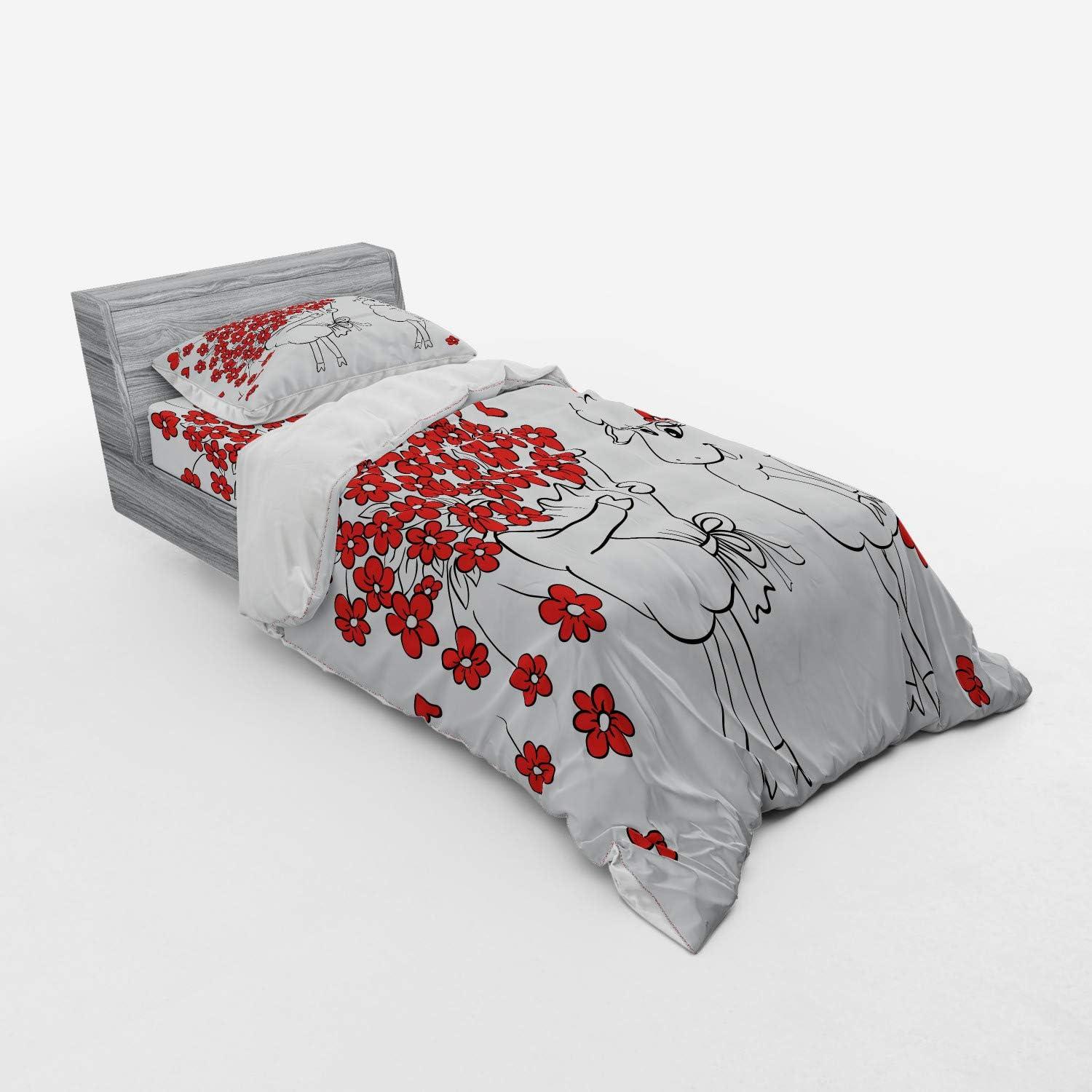 imageAmbesonne Valentine Bedding Set Lover Goats Bunch of Heart Bouquet Valentines Honeymoon Wedding Caricature Graphic 4 Piece Duvet Cover Set with Shams and Fitted Sheet California King Red WhiteRed White