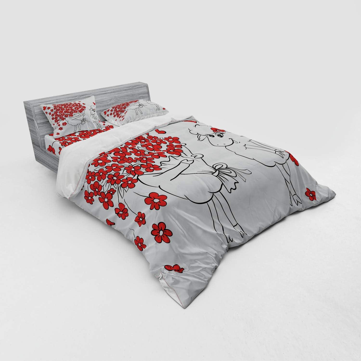 imageAmbesonne Valentine Bedding Set Lover Goats Bunch of Heart Bouquet Valentines Honeymoon Wedding Caricature Graphic 4 Piece Duvet Cover Set with Shams and Fitted Sheet California King Red WhiteRed White