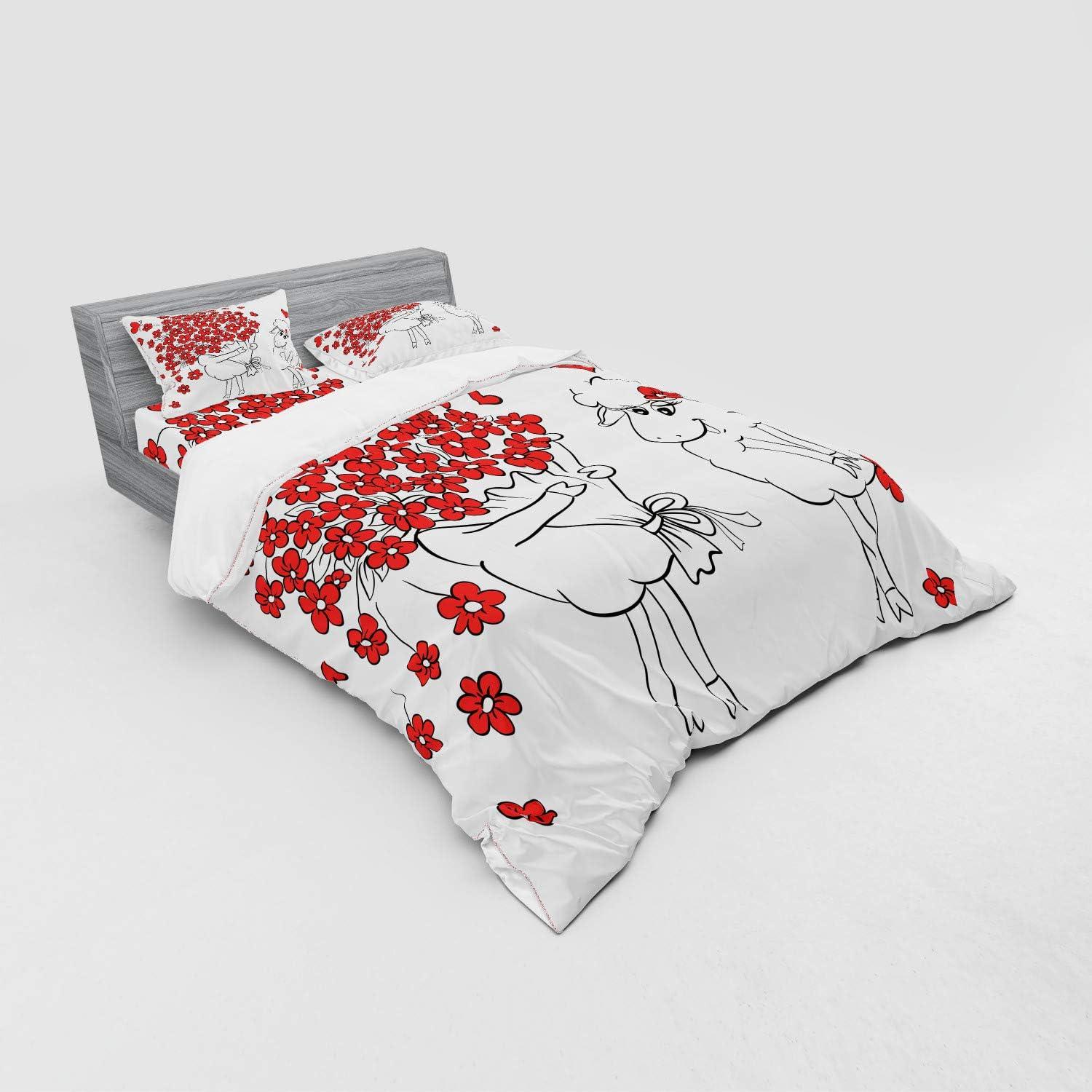 imageAmbesonne Valentine Bedding Set Lover Goats Bunch of Heart Bouquet Valentines Honeymoon Wedding Caricature Graphic 4 Piece Duvet Cover Set with Shams and Fitted Sheet California King Red WhiteRed White