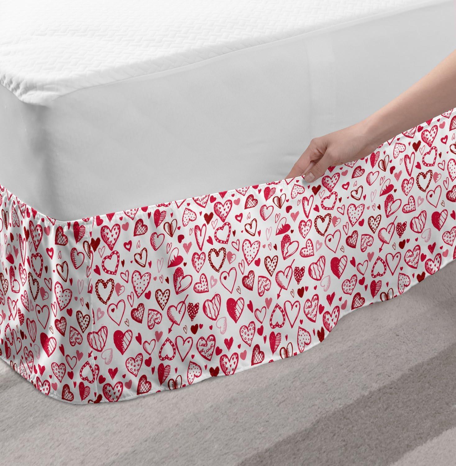 imageAmbesonne Valentines Bed Skirt Sketch Drawing Style Hearts in Red and Pink Pattern for Romantic Couples Elastic Bedskirt Dust Ruffle Wrap Around for Bedding Decor TwinTwin XL Ruby Pink White