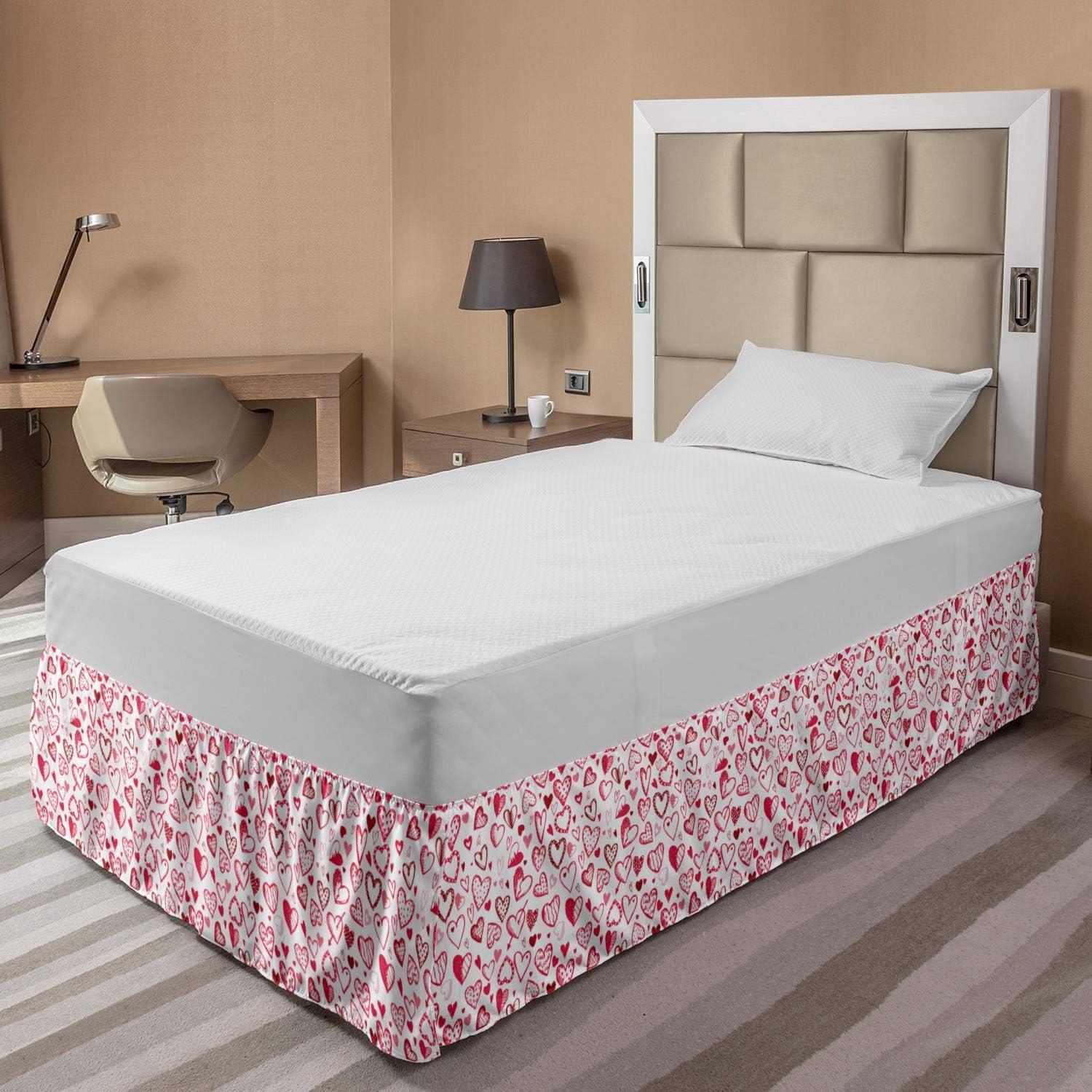 imageAmbesonne Valentines Bed Skirt Sketch Drawing Style Hearts in Red and Pink Pattern for Romantic Couples Elastic Bedskirt Dust Ruffle Wrap Around for Bedding Decor TwinTwin XL Ruby Pink White
